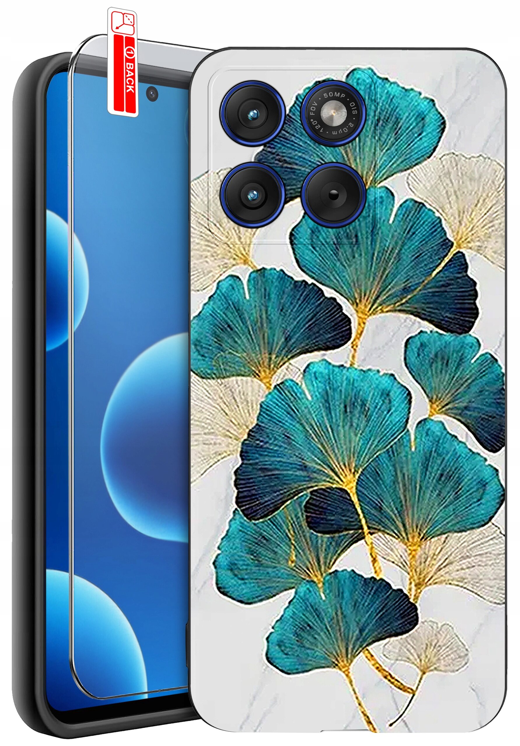 Obraz przedstawia telefon z nałożonym etui z wzorem liści w odcieniach niebieskiego i złotego. Obok telefonu znajduje się szkło ochronne z etykietą \'BACK\'.