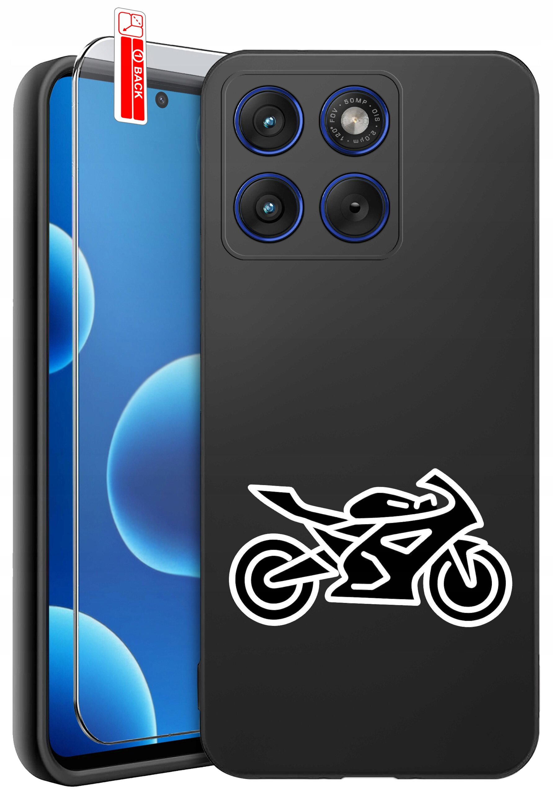Czarne silikonowe etui z białym wzorem motocykla oraz szkło ochronne z napisem \'BACK\'.