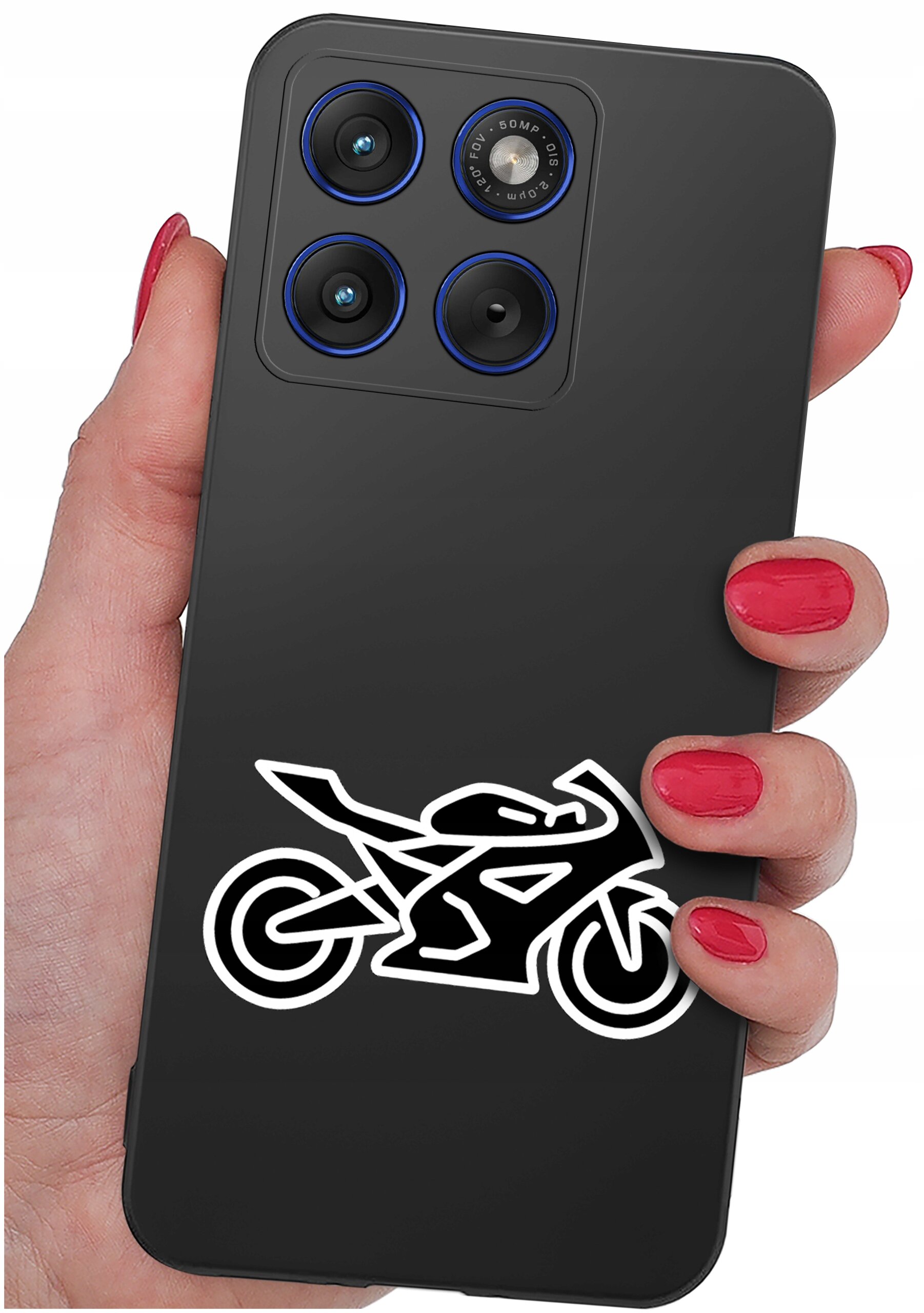 Czarna obudowa telefonu z białym wzorem motocykla, trzymana w dłoni z pomalowanymi na czerwono paznokciami. Na obudowie widoczne są trzy obiektywy aparatu i napis \'48MP\'.