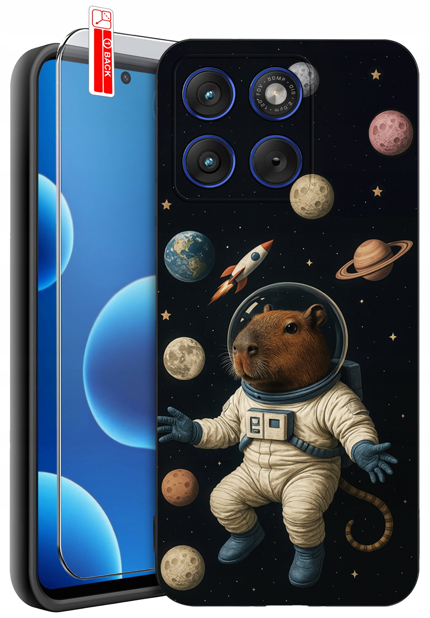 Etui na telefon z grafiką przedstawiającą kapibarę w skafandrze kosmicznym, otoczoną planetami i rakietą na tle kosmosu. Obok znajduje się szkło ochronne z etykietą \'BACK\'.