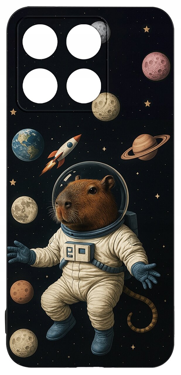 Etui na telefon z nadrukiem kapibary w skafandrze kosmicznym, otoczonej planetami i rakietą na tle gwiazd.