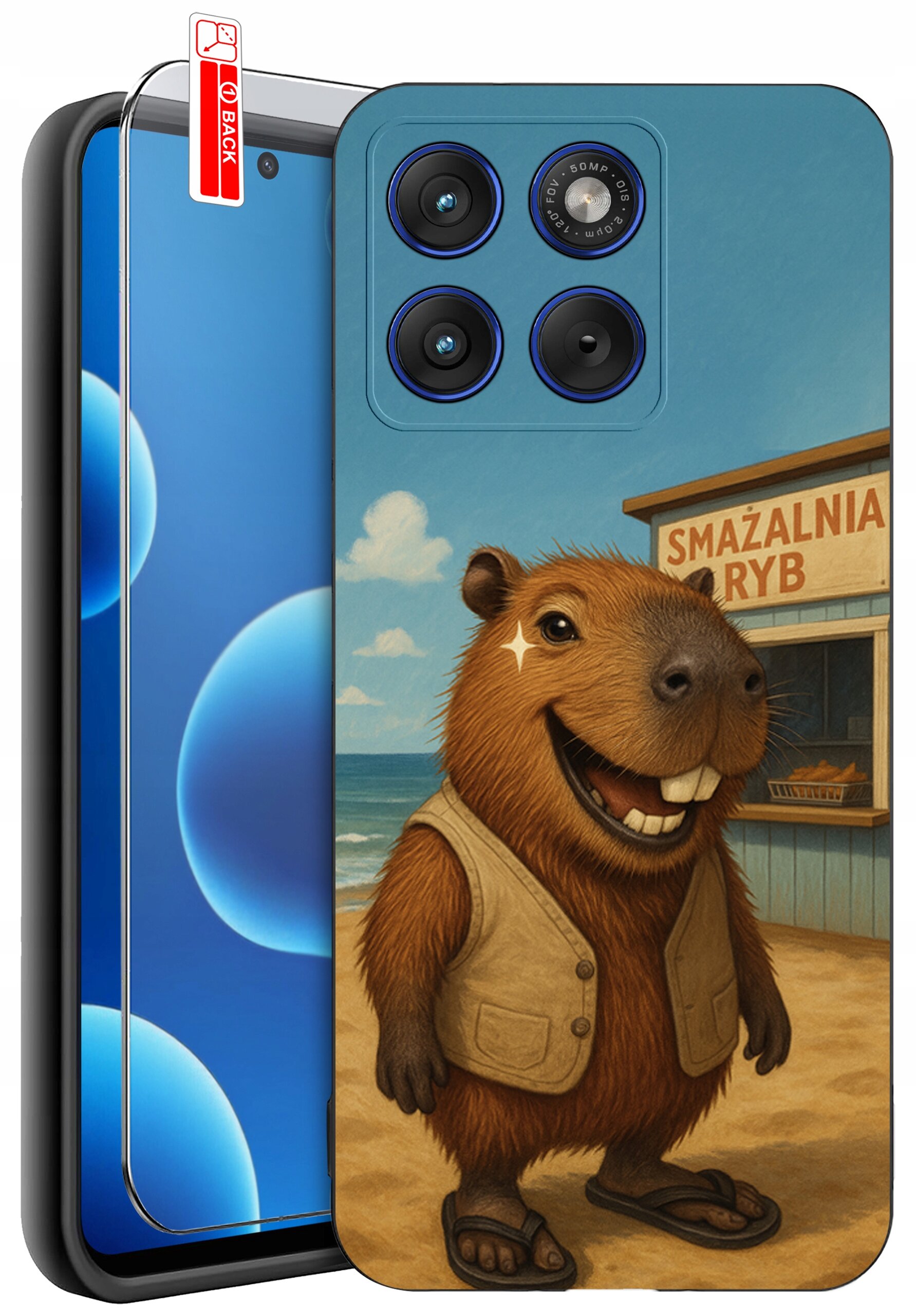 Etui na telefon z grafiką przedstawiającą uśmiechniętą kapibarę w kamizelce na tle plaży i budynku z napisem \'SMAŻALNIA RYB\'. Obok etui znajduje się szkło ochronne z oznaczeniem \'BACK\'.