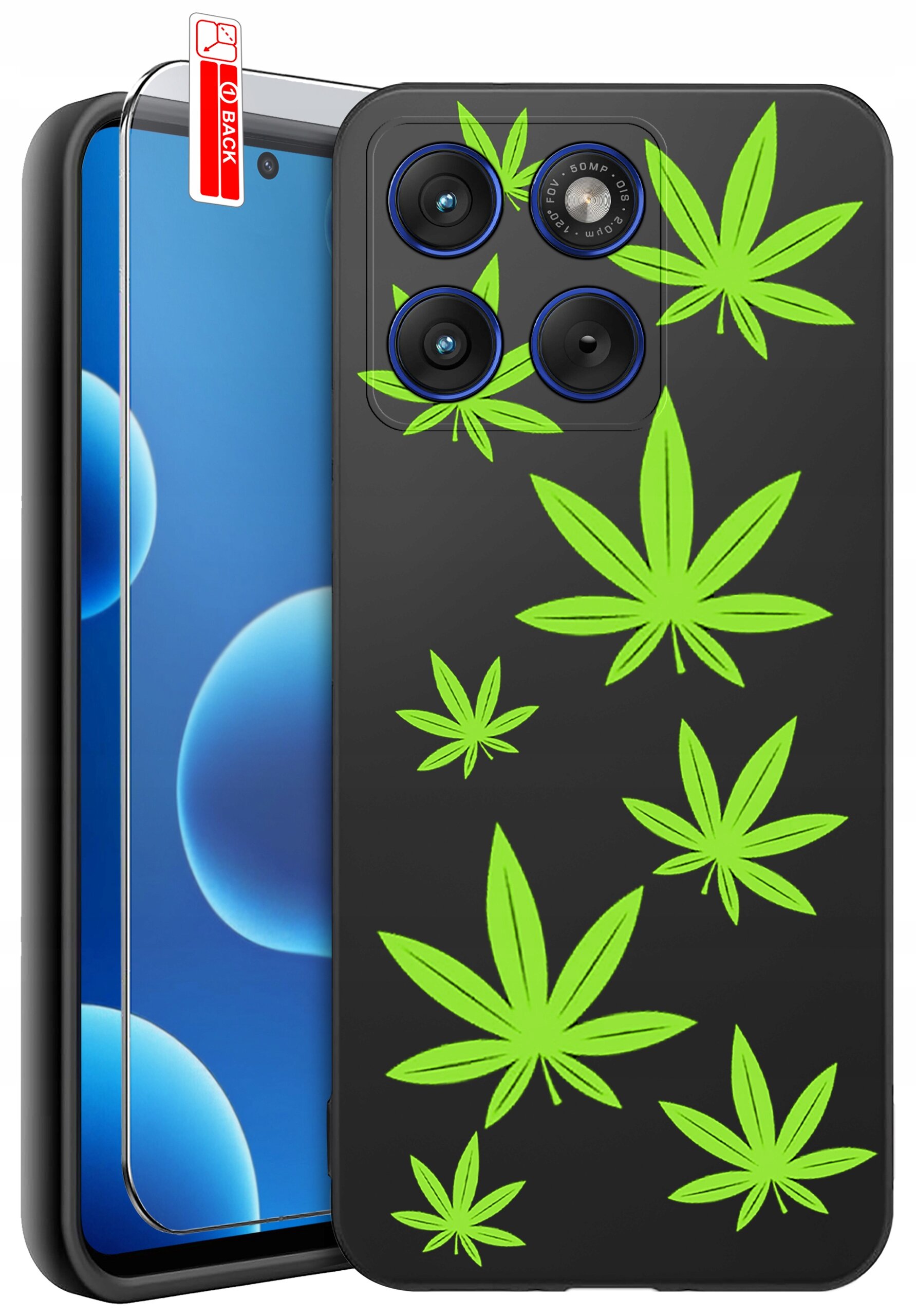Czarne etui na telefon z zielonymi wzorami liści oraz trzema otworami na aparaty. Obok znajduje się szkło ochronne z napisem \'BACK\'.