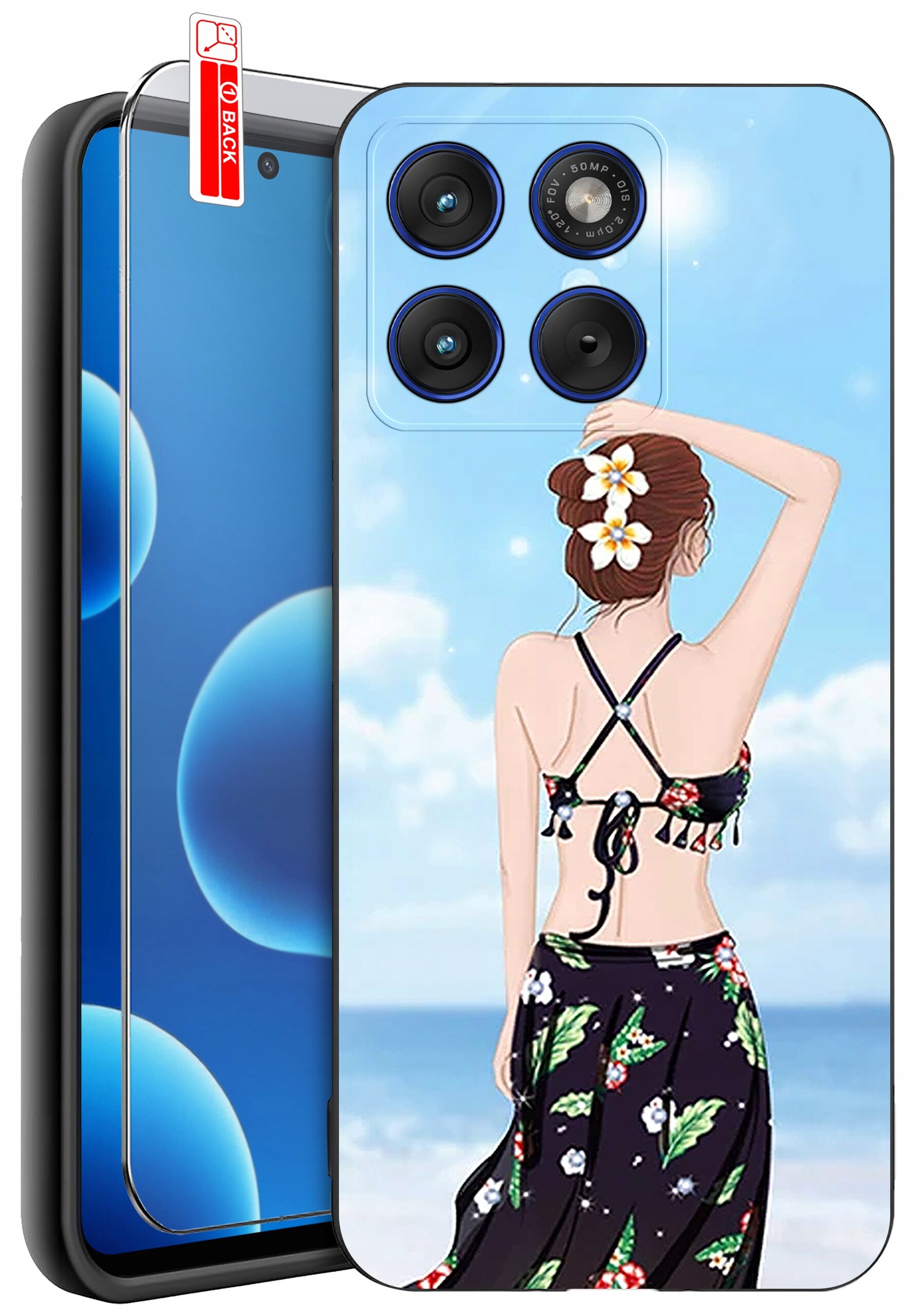 Etui na telefon z grafiką przedstawiającą kobietę na plaży, z kwiatami we włosach, w stroju kąpielowym i spódnicy. Obok etui znajduje się szkło ochronne z oznaczeniem \'BACK\'.