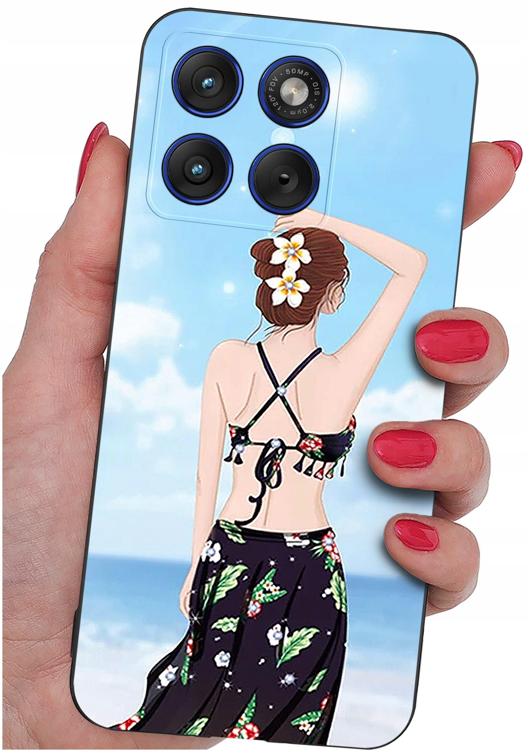 Etui na telefon z grafiką przedstawiającą kobietę w stroju plażowym na tle nieba i morza. Etui posiada wycięcia na cztery obiektywy aparatu.