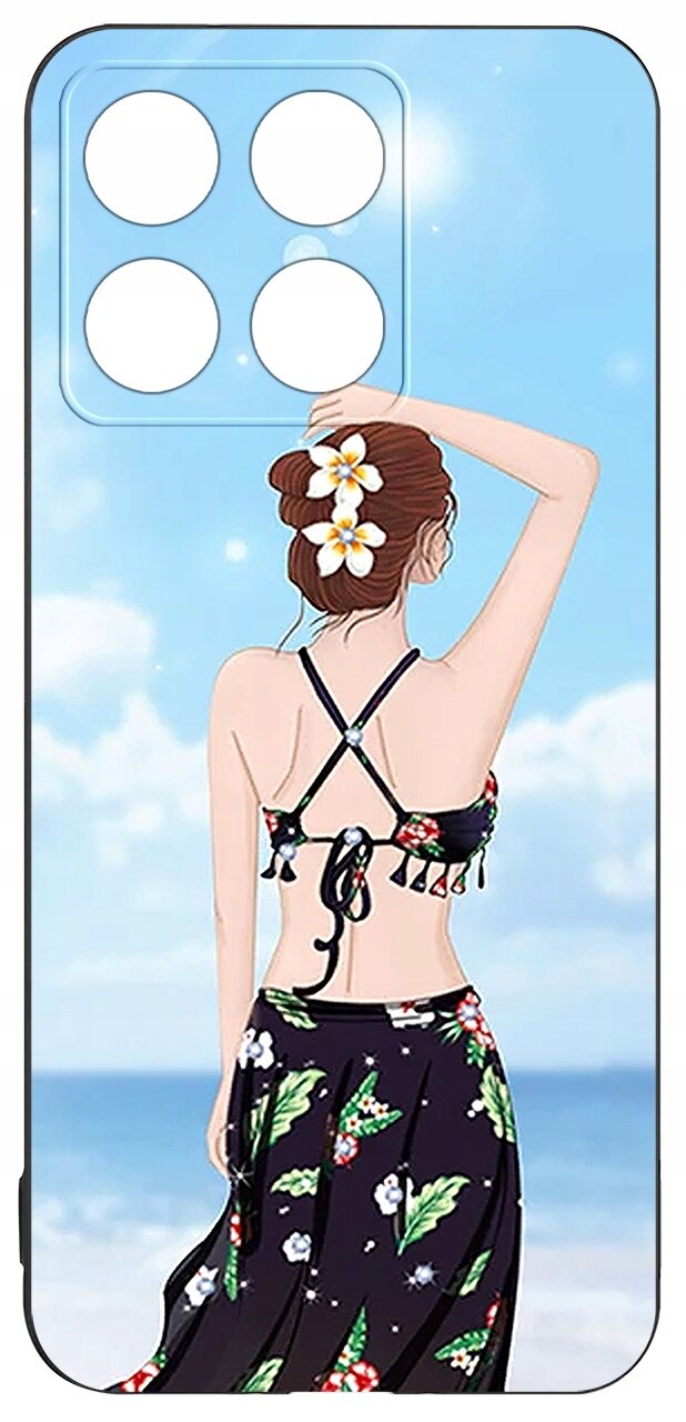 Etui na telefon z grafiką przedstawiającą kobietę w stroju plażowym na tle nieba i morza. W górnej części etui znajduje się wycięcie na aparat z czterema okrągłymi otworami.