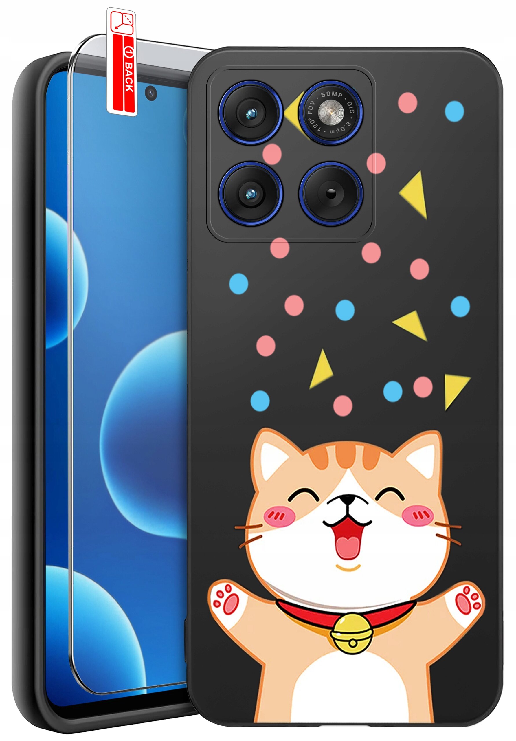 Etui na telefon z rysunkiem uśmiechniętego kota i kolorowymi kształtami na czarnym tle. Obok znajduje się szkło ochronne z napisem \'BACK\'.