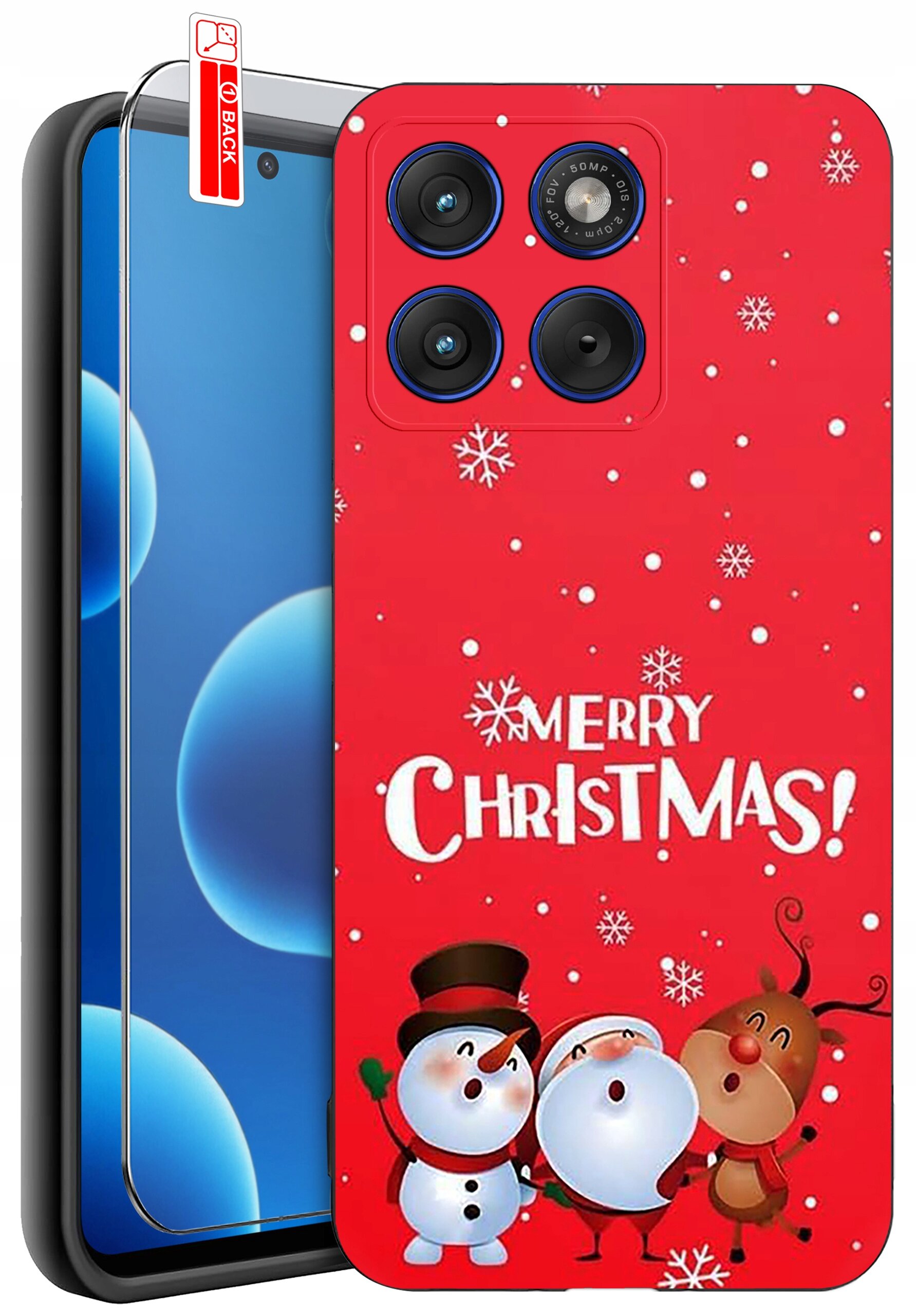 Etui na telefon z czerwonym tłem, ozdobione śnieżynkami i postaciami bałwanka oraz renifera, z napisem \'Merry Christmas!\'. Obok znajduje się szkło ochronne z etykietą \'BACK\'.