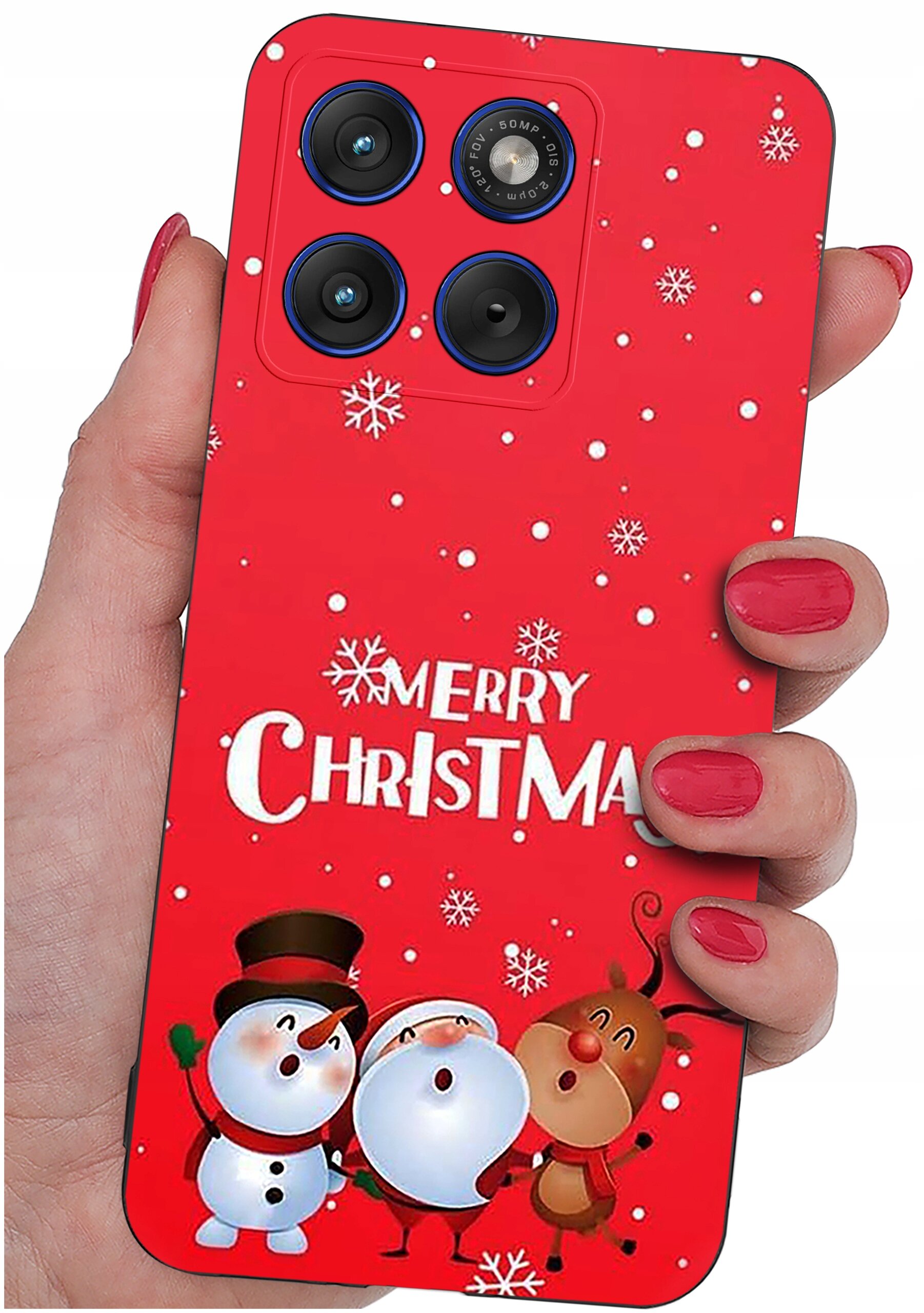 Czerwone etui na telefon z motywem świątecznym, przedstawiające bałwanki i renifera oraz napis \'Merry Christmas\'. Etui trzymane jest w dłoni z pomalowanymi na czerwono paznokciami.
