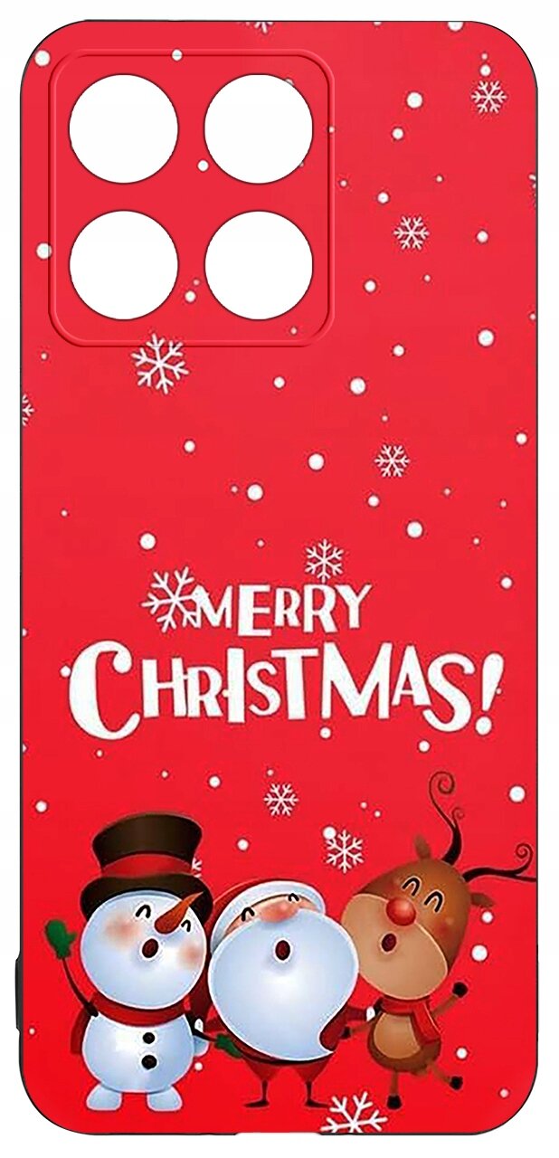 Czerwone etui z motywem świątecznym, przedstawiające bałwanki i renifera oraz napis \'Merry Christmas!\'. W tle widoczne są białe płatki śniegu.