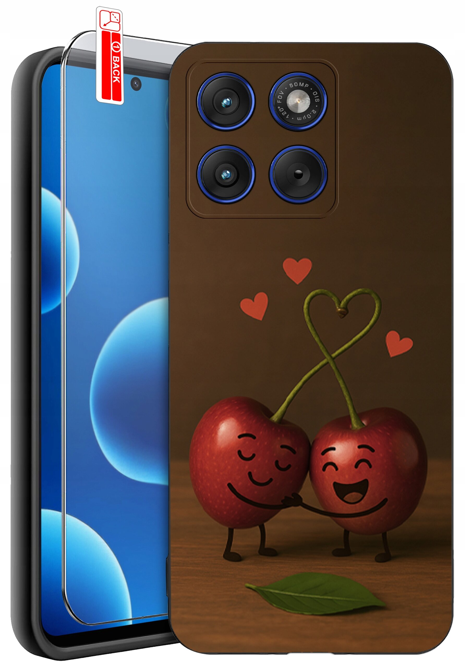 Etui na telefon z grafiką dwóch uśmiechniętych wiśni trzymających się za ręce, z serduszkami nad nimi. Obok znajduje się szkło ochronne z napisem \'BACK\'.
