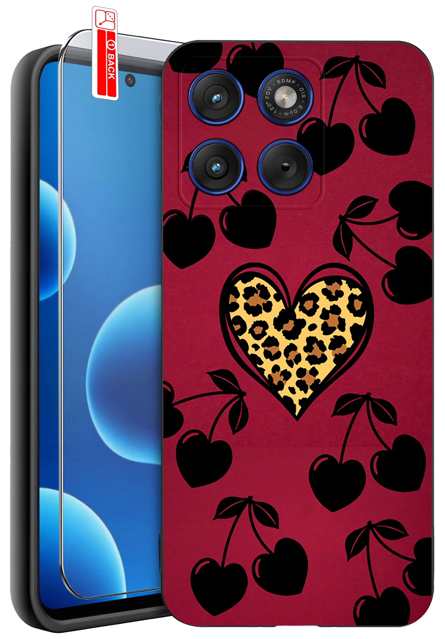 Etui na telefon z czerwonym tłem, ozdobione czarnymi sercami i jednym sercem z wzorem w panterkę. Obok znajduje się szkło ochronne z napisem \'BACK\'.