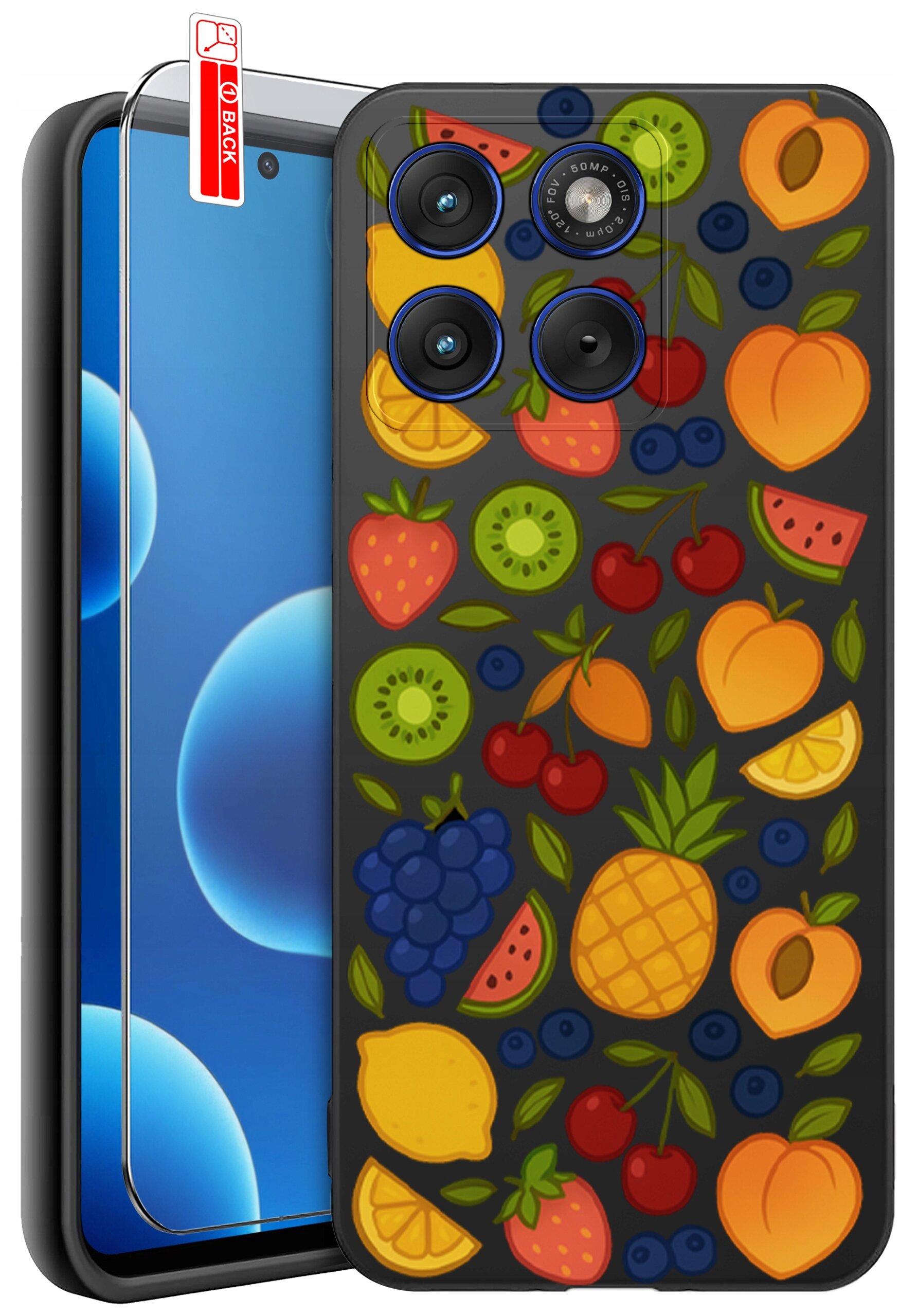 Etui na telefon z kolorowym wzorem owoców, takich jak ananasy, truskawki, winogrona i cytryny. Obok etui znajduje się szkło ochronne z oznaczeniem \'BACK\'.