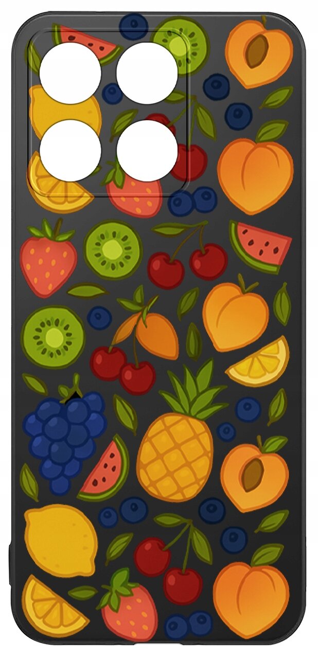 Etui na telefon z kolorowym wzorem owoców, takich jak kiwi, brzoskwinie, truskawki, winogrona i cytryny, na ciemnym tle. W górnej części znajdują się cztery otwory na aparat.