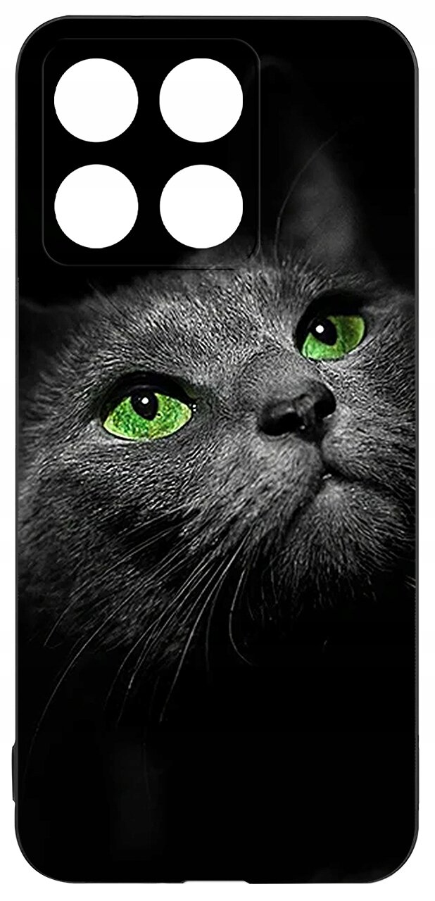 Etui na telefon z nadrukiem szarego kota o zielonych oczach. W górnej części widoczne są cztery otwory na aparat.