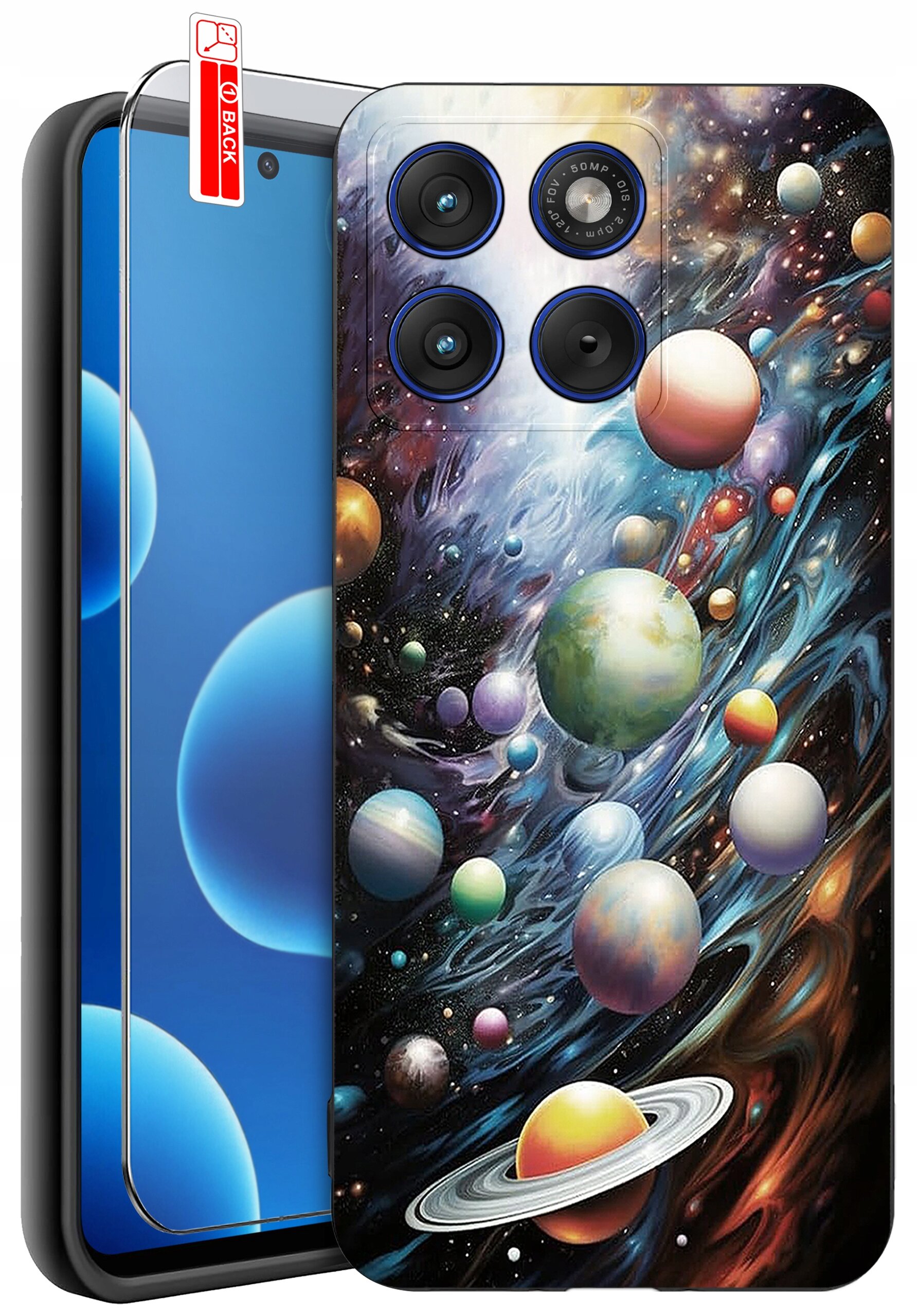 Etui na telefon z kolorowym wzorem przedstawiającym planety w kosmosie, z trzema widocznymi obiektywami aparatu. Obok znajduje się szkło ochronne z etykietą \'BACK\'.