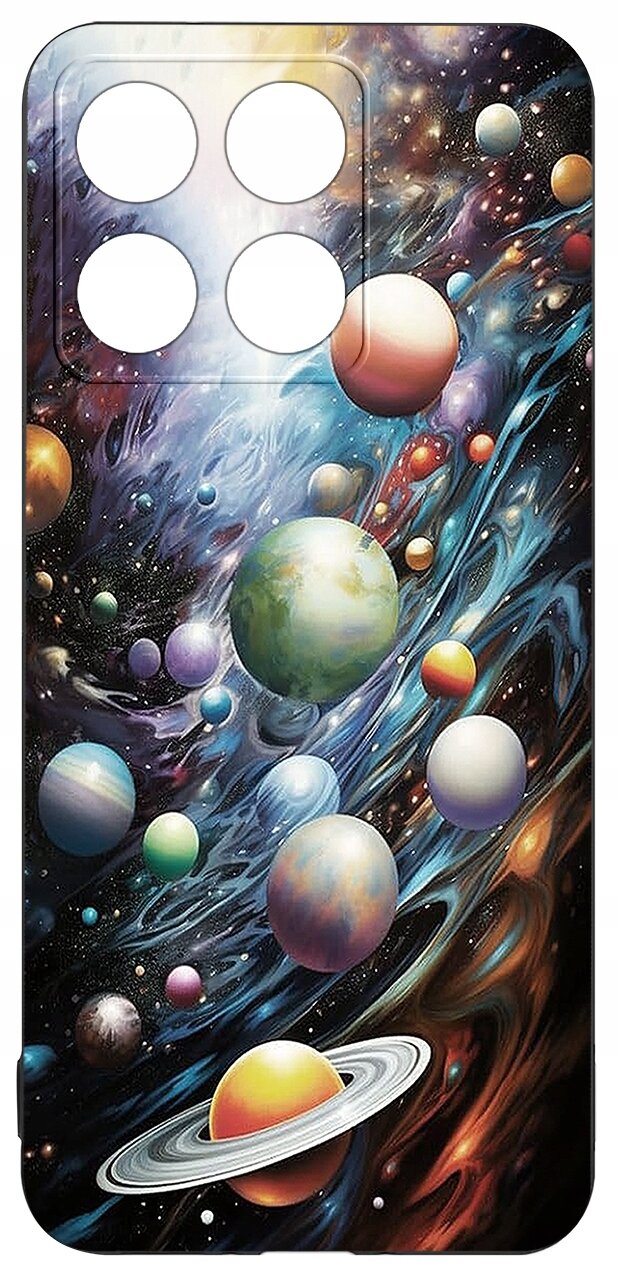 Etui z kolorowym wzorem przedstawiającym planety na tle kosmosu, z wycięciami na aparat. Wzór jest dynamiczny, z różnorodnymi kolorami i planetami o różnych rozmiarach.