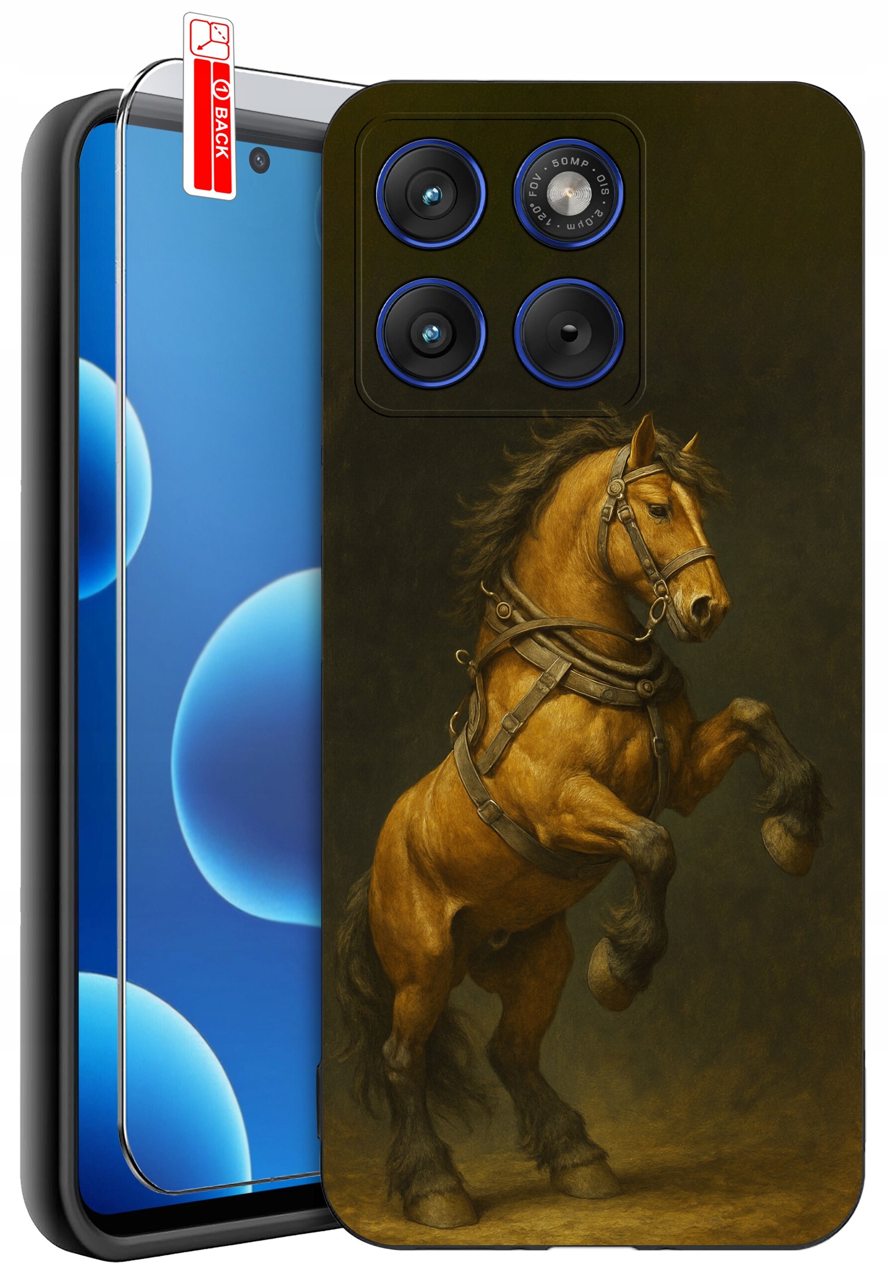 Etui na telefon z nadrukiem konia w galopie, obok widoczne szkło ochronne z etykietą \'BACK\'.