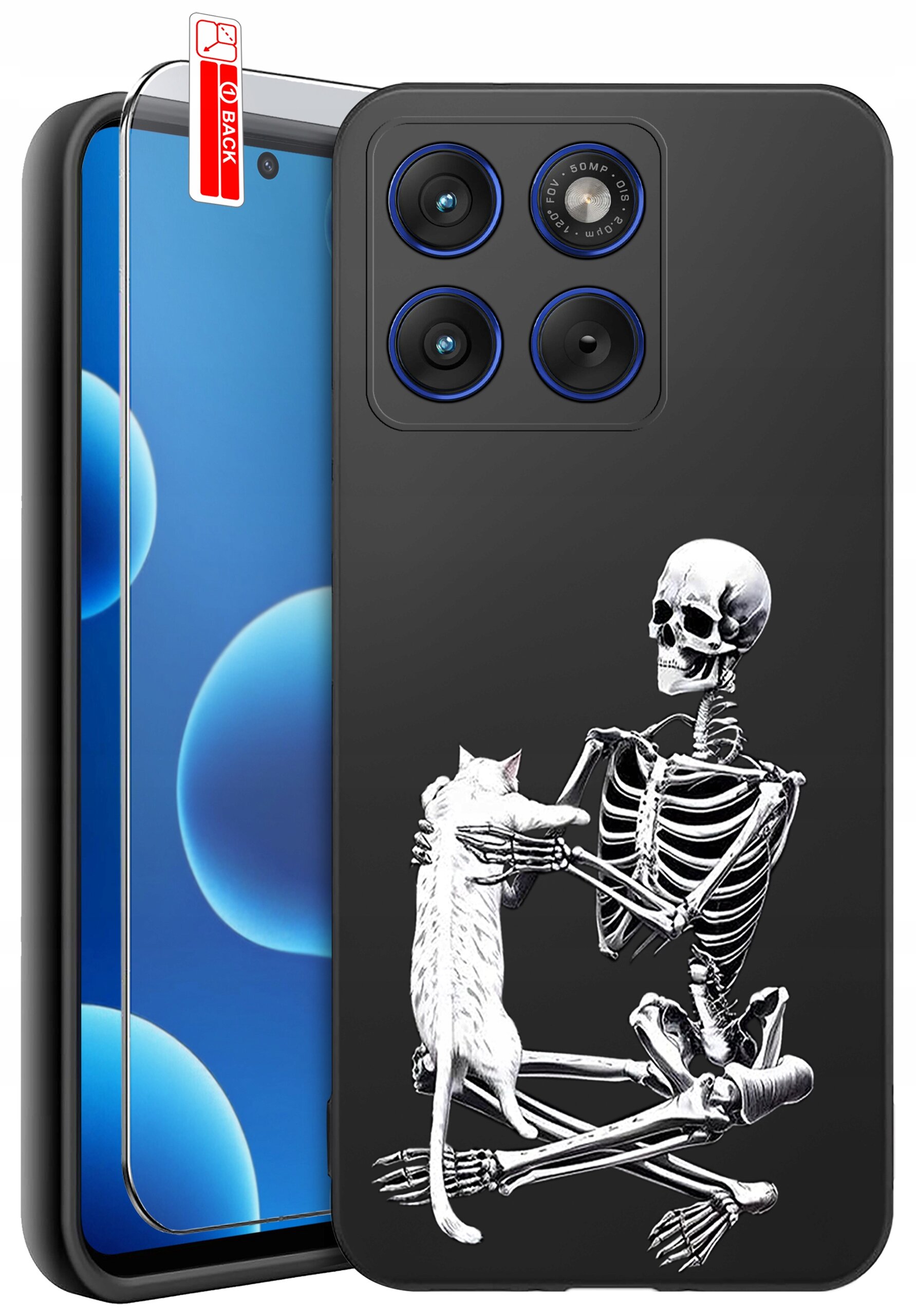 Czarne etui na telefon z nadrukiem szkieletu trzymającego kota. Obok znajduje się szkło ochronne z czerwoną naklejką \'BACK\'.