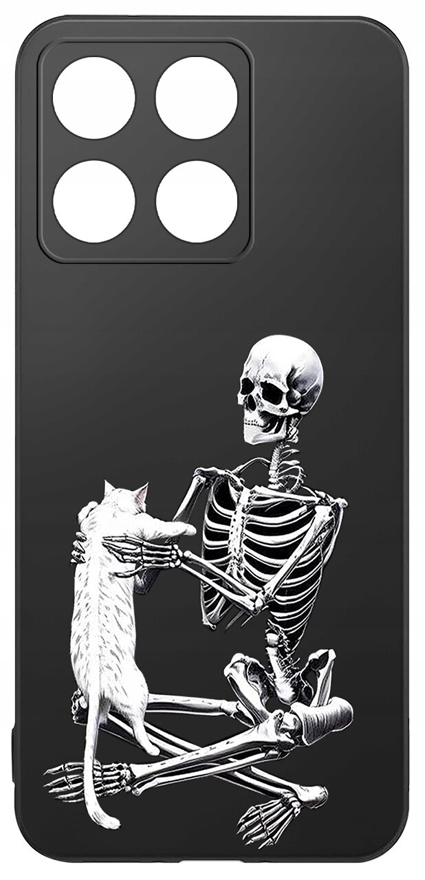 Czarne etui na telefon z grafiką przedstawiającą szkielet trzymający kota. Etui ma wycięcia na cztery obiektywy aparatu.