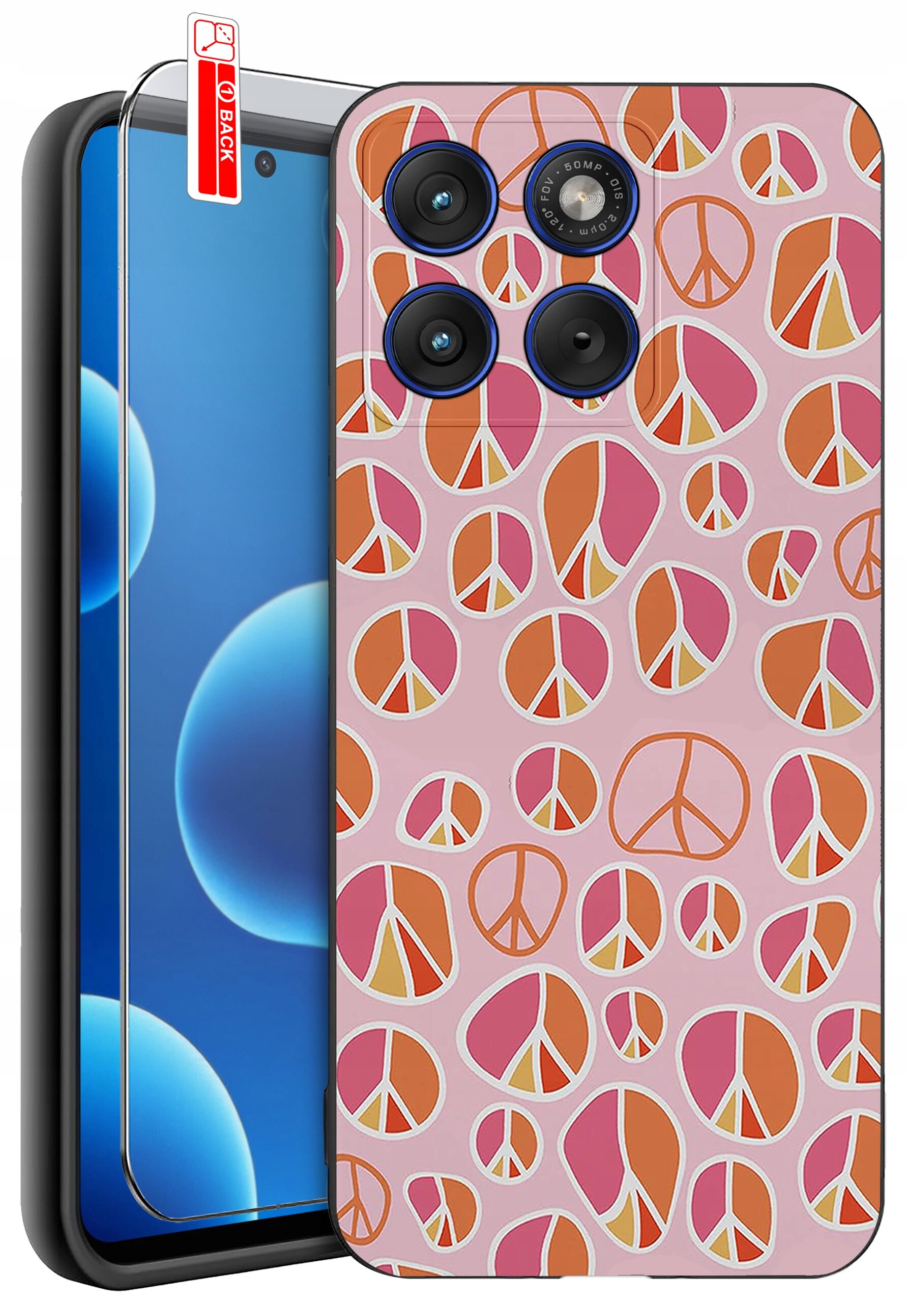 Etui na telefon z wzorem symboli pokoju w kolorach różowym i pomarańczowym. Obok etui znajduje się szkło ochronne z napisem \'BACK\'.