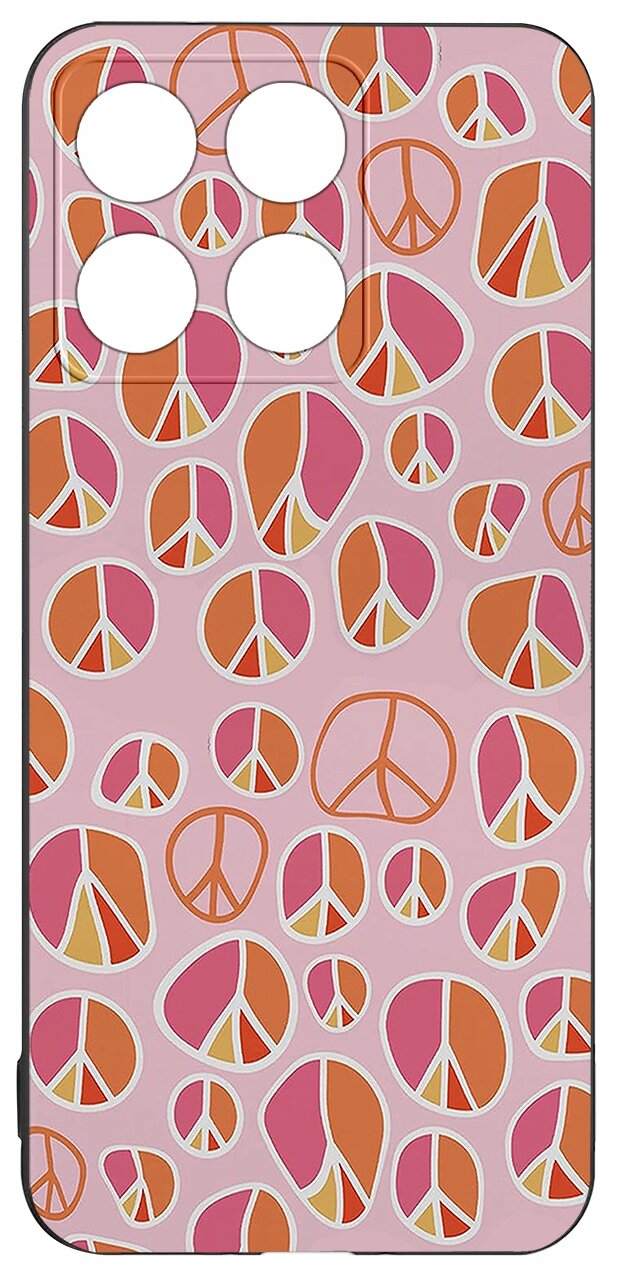 Etui na telefon z wzorem w kolorowe symbole pokoju na różowym tle. Etui ma wycięcia na aparat i przyciski.