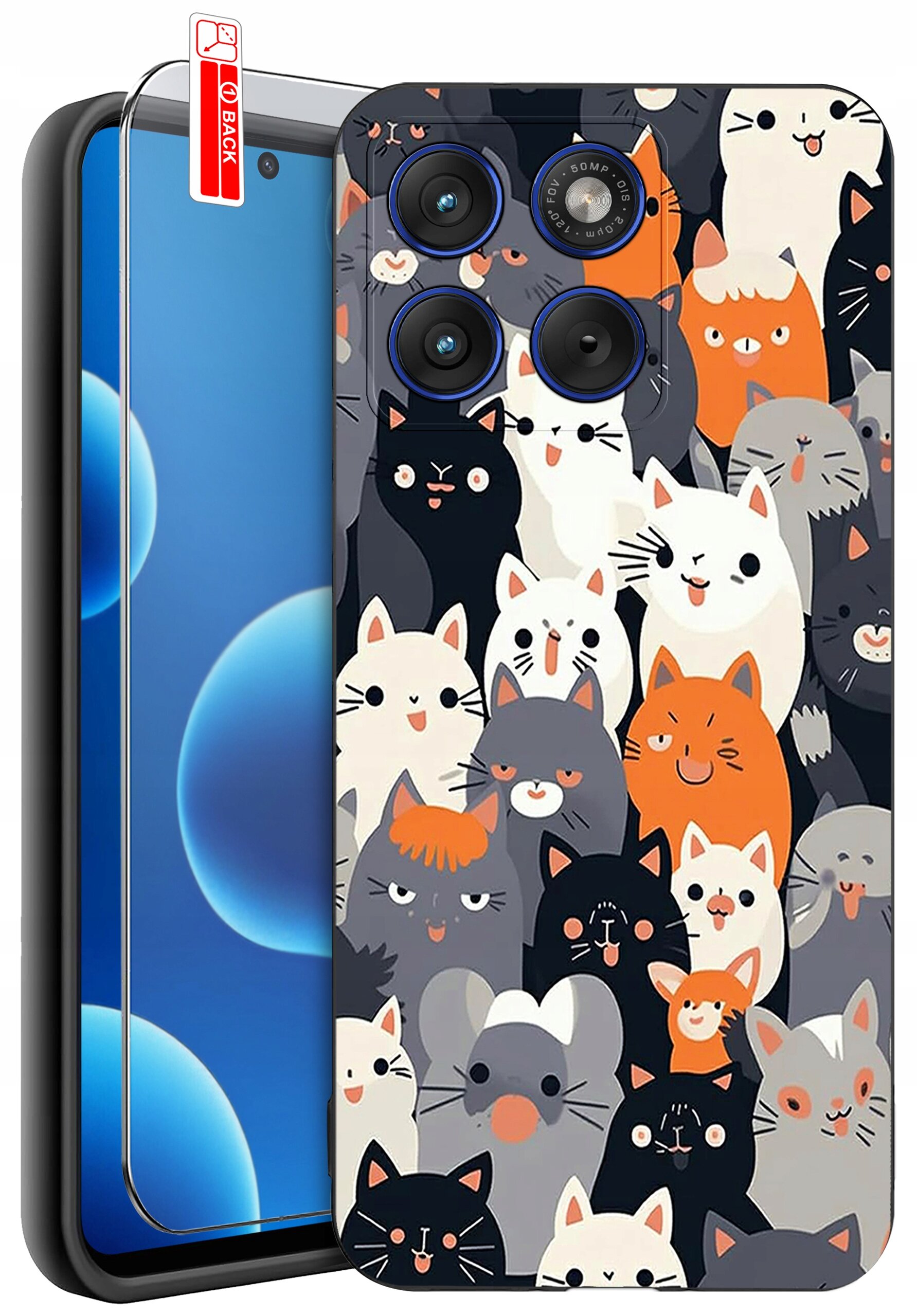 Etui na telefon z wzorem przedstawiającym różnokolorowe koty, z trzema otworami na aparaty. Obok znajduje się szkło ochronne z czerwoną naklejką z napisem \'BACK\'.
