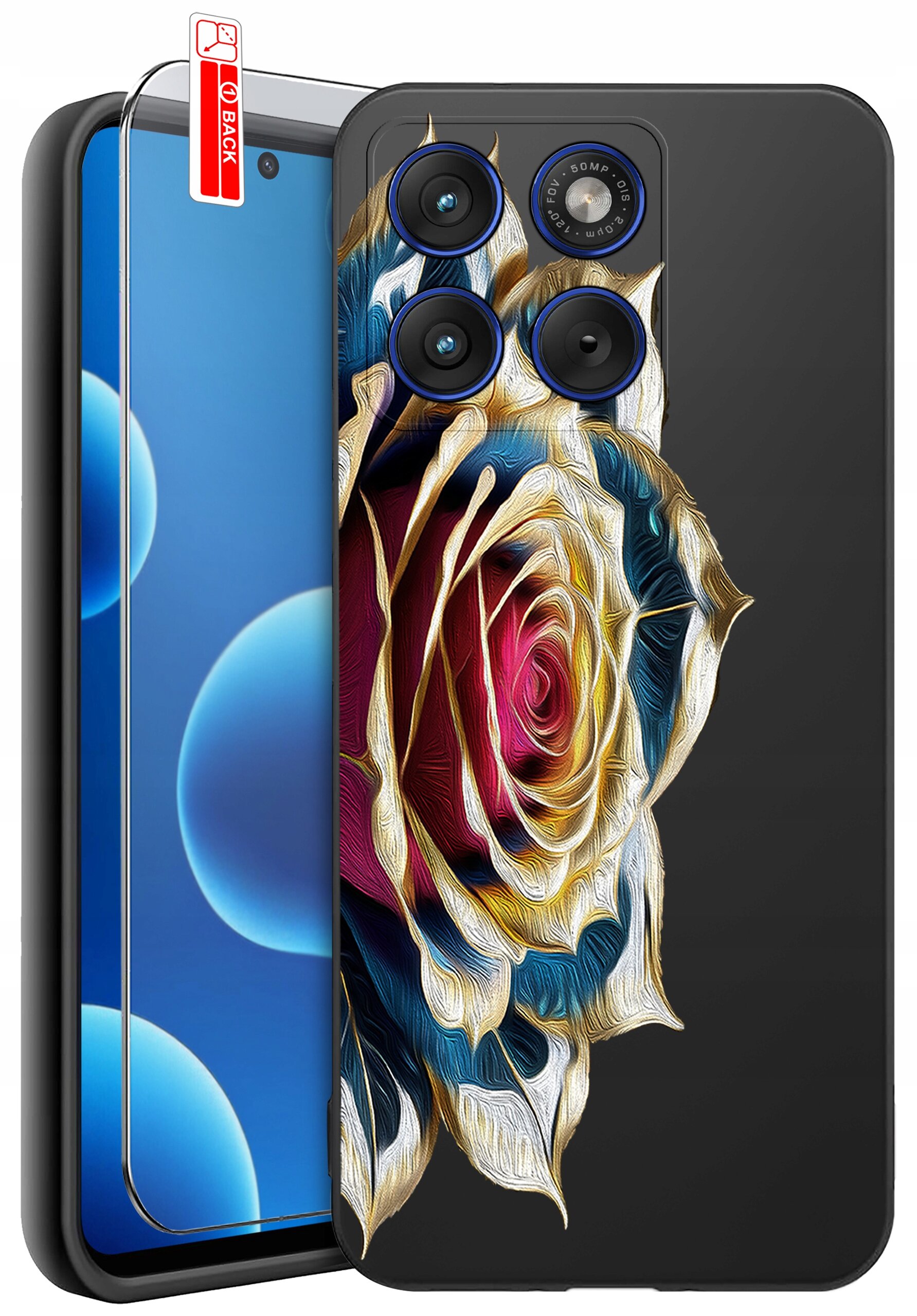 Etui na telefon z wzorem kolorowej róży, obok którego znajduje się szkło ochronne z napisem \'BACK\'.