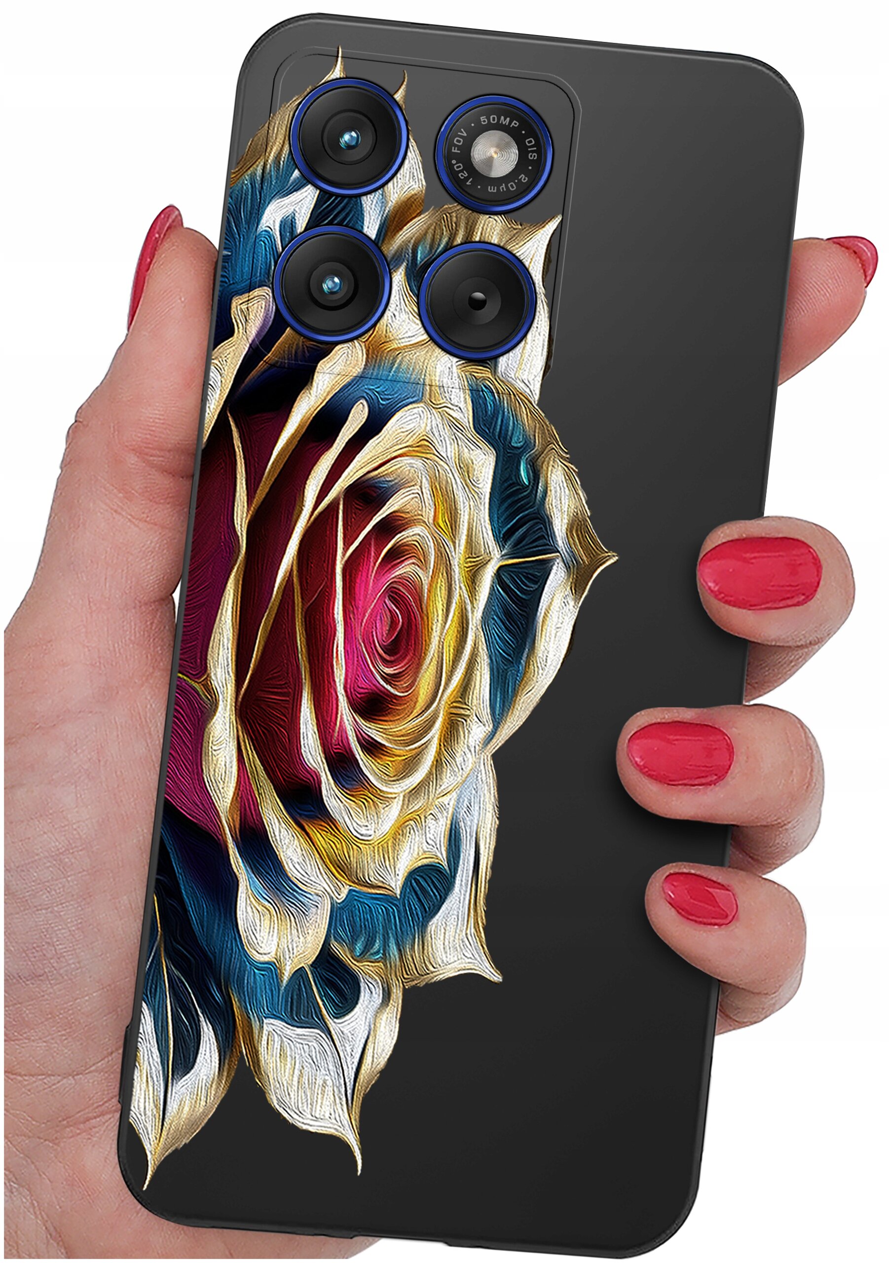 Etui na telefon z kolorowym wzorem róży, trzymane w dłoni z pomalowanymi na czerwono paznokciami. Widoczne są trzy obiektywy aparatu oraz napis \'AI 50MP\'.