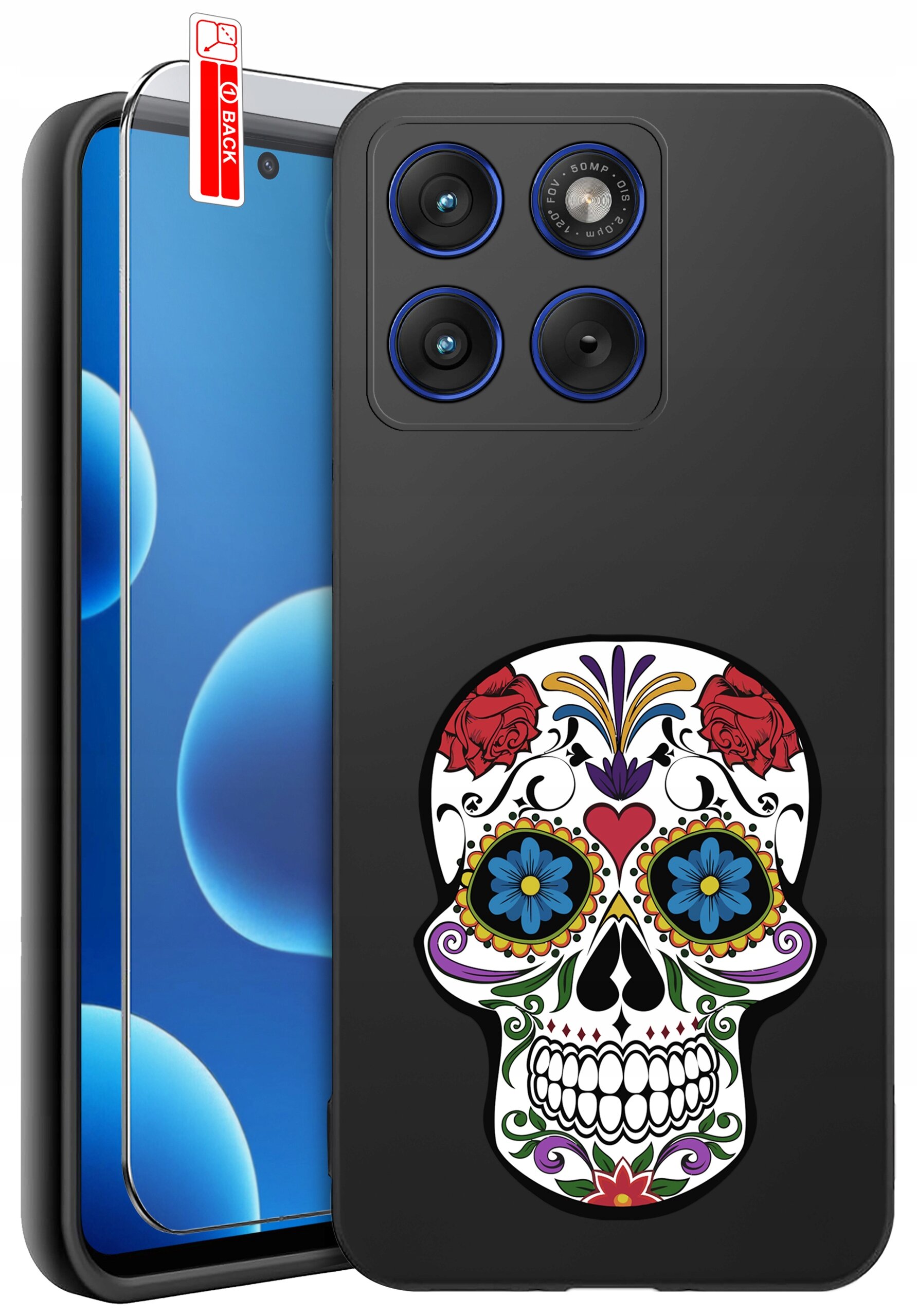 Czarne etui na telefon z kolorowym wzorem czaszki ozdobionej kwiatami i ornamentami. Obok znajduje się szkło ochronne z etykietą \'BACK\'.