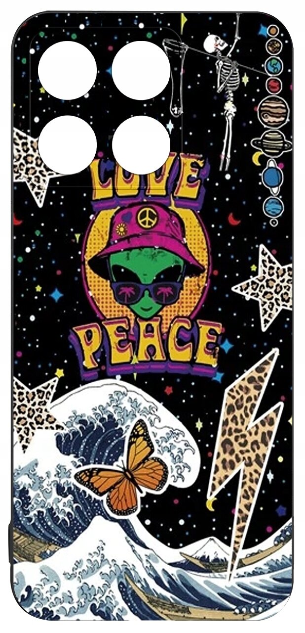 Etui z kolorowym wzorem przedstawiającym zielonego kosmitę w kapeluszu i okularach przeciwsłonecznych, z napisem \'LOVE PEACE\'. W tle znajdują się gwiazdy, planety, szkielet oraz motyw fali z motylem i błyskawicą w panterkę.