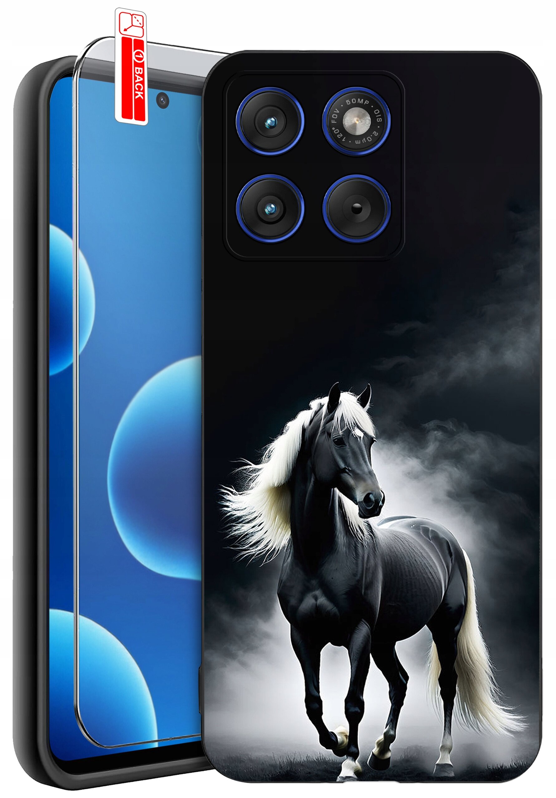 Etui na telefon z nadrukiem czarnego konia na tle chmur, obok znajduje się szkło ochronne z napisem \'BACK\'.