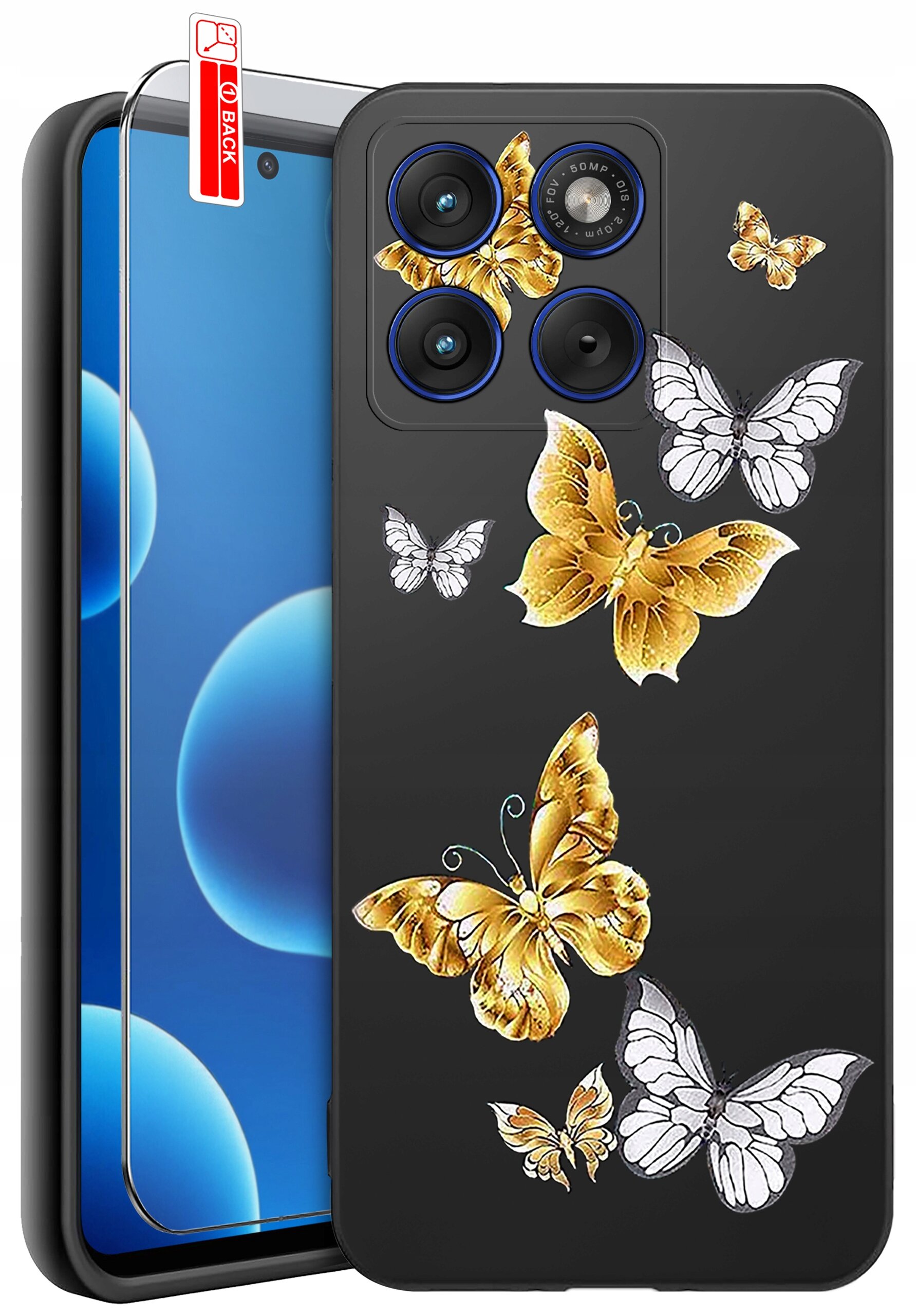 Czarne etui na telefon z wzorem kolorowych motyli, w zestawie z przezroczystym szkłem ochronnym oznaczonym etykietą \'BACK\'.