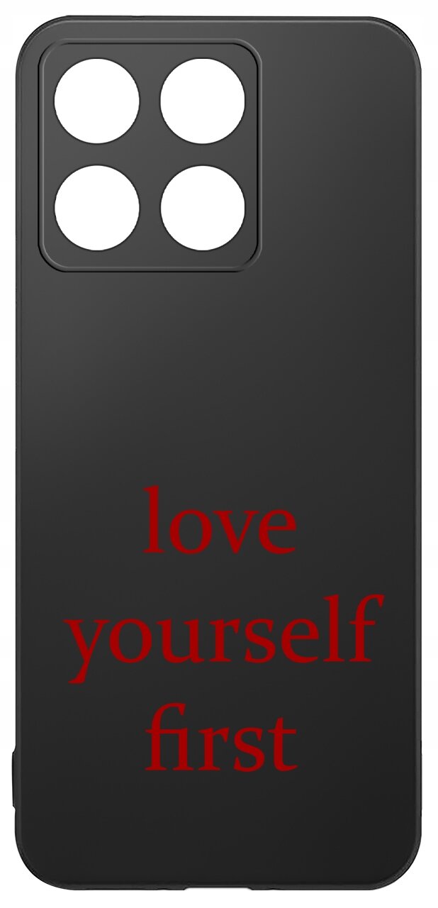 Czarne etui z czterema okrągłymi wycięciami na aparat i czerwonym napisem \'love yourself first\'.