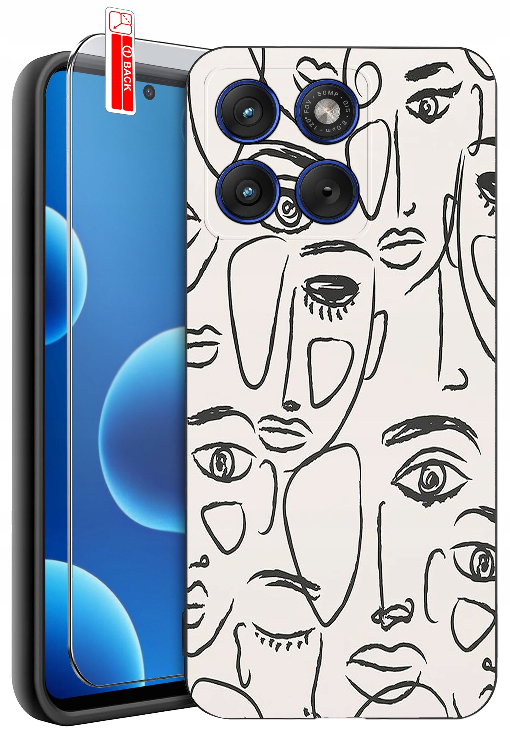 Etui na telefon z abstrakcyjnym wzorem twarzy w czarnych liniach na białym tle, obok znajduje się szkło ochronne z napisem \'BACK\'.