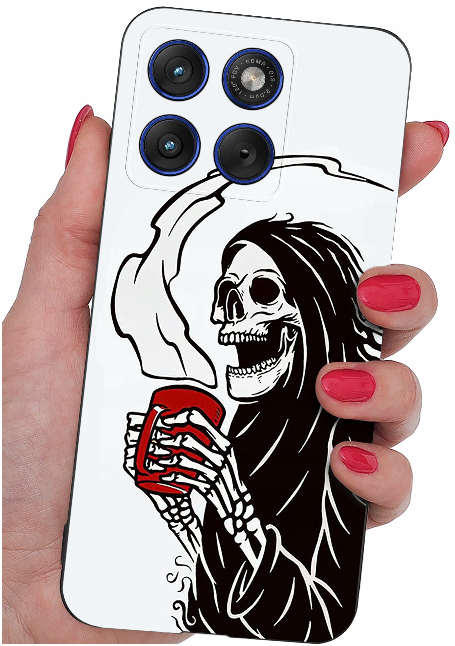 Etui na telefon z nadrukiem szkieletu w kapturze trzymającego czerwony kubek. Widoczne są cztery obiektywy aparatu oraz napis \'AI 60MP 1080P\'.