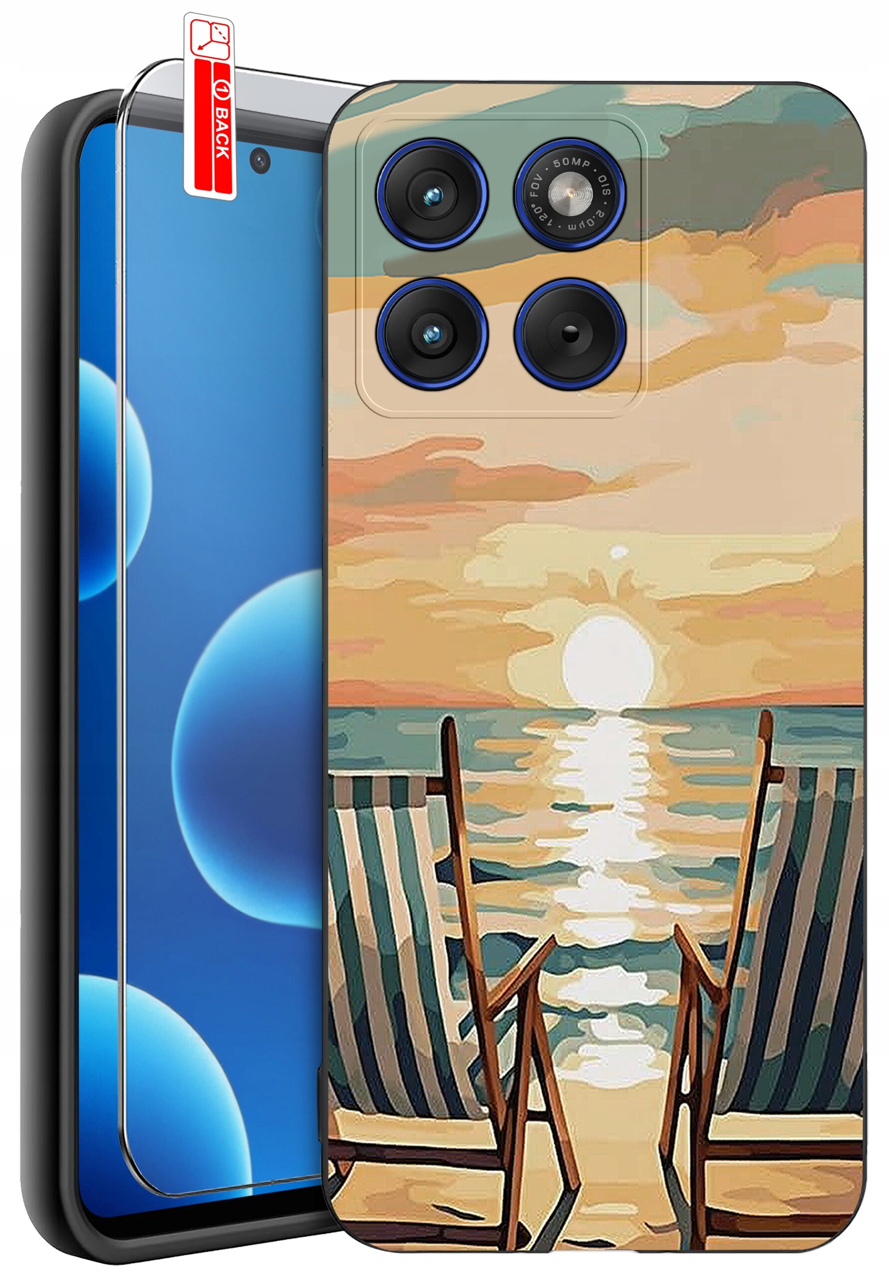 Etui na telefon z nadrukiem przedstawiającym dwa leżaki na plaży z widokiem na zachód słońca nad morzem. Obok etui znajduje się szkło ochronne z napisem \'BACK\'.