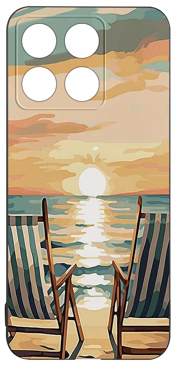 Etui na telefon z kolorowym nadrukiem przedstawiającym dwa leżaki na plaży z widokiem na zachód słońca nad morzem.