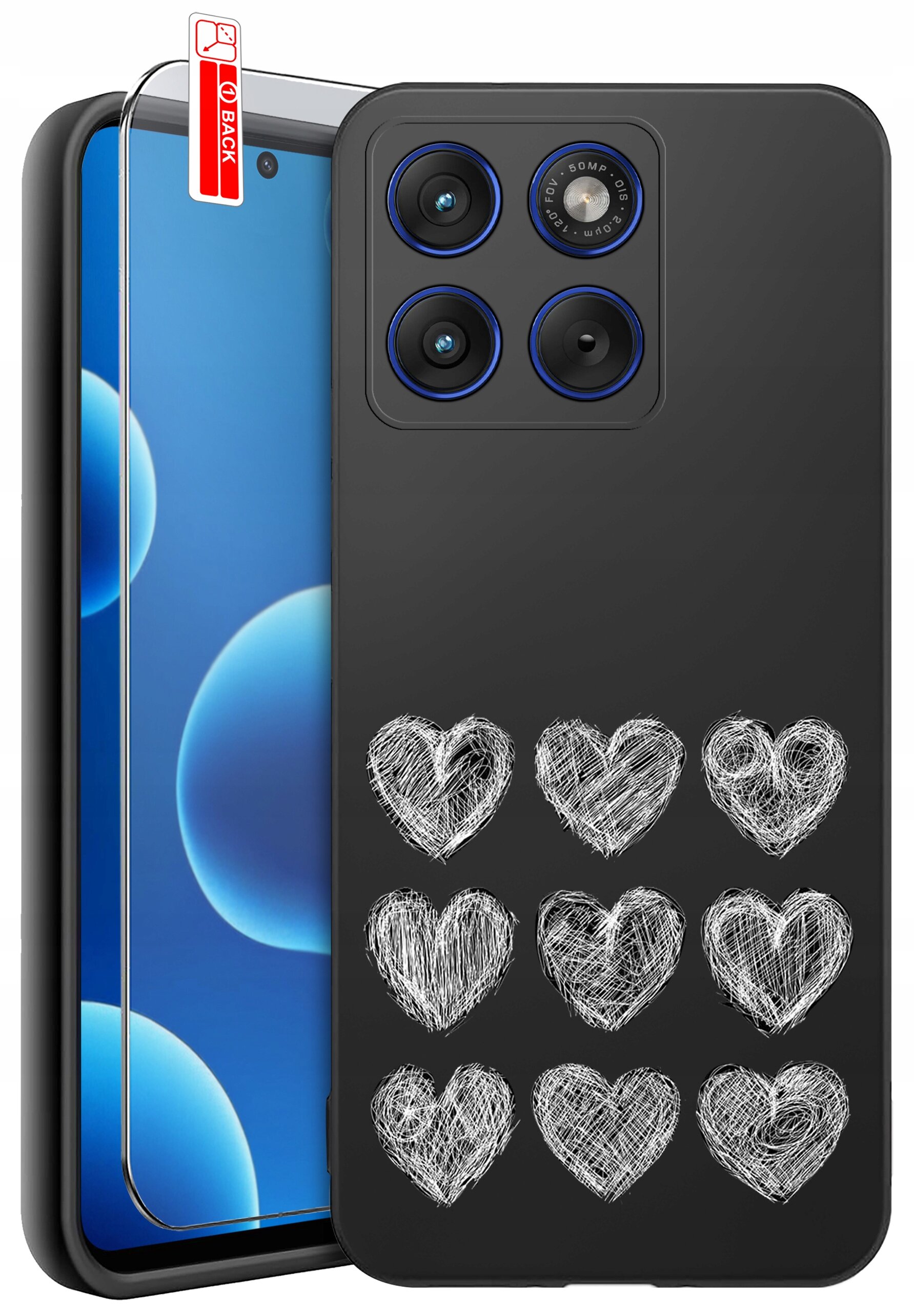 Obraz przedstawia czarne etui na telefon z wzorem białych serc oraz szkło ochronne z napisem \'BACK\'.