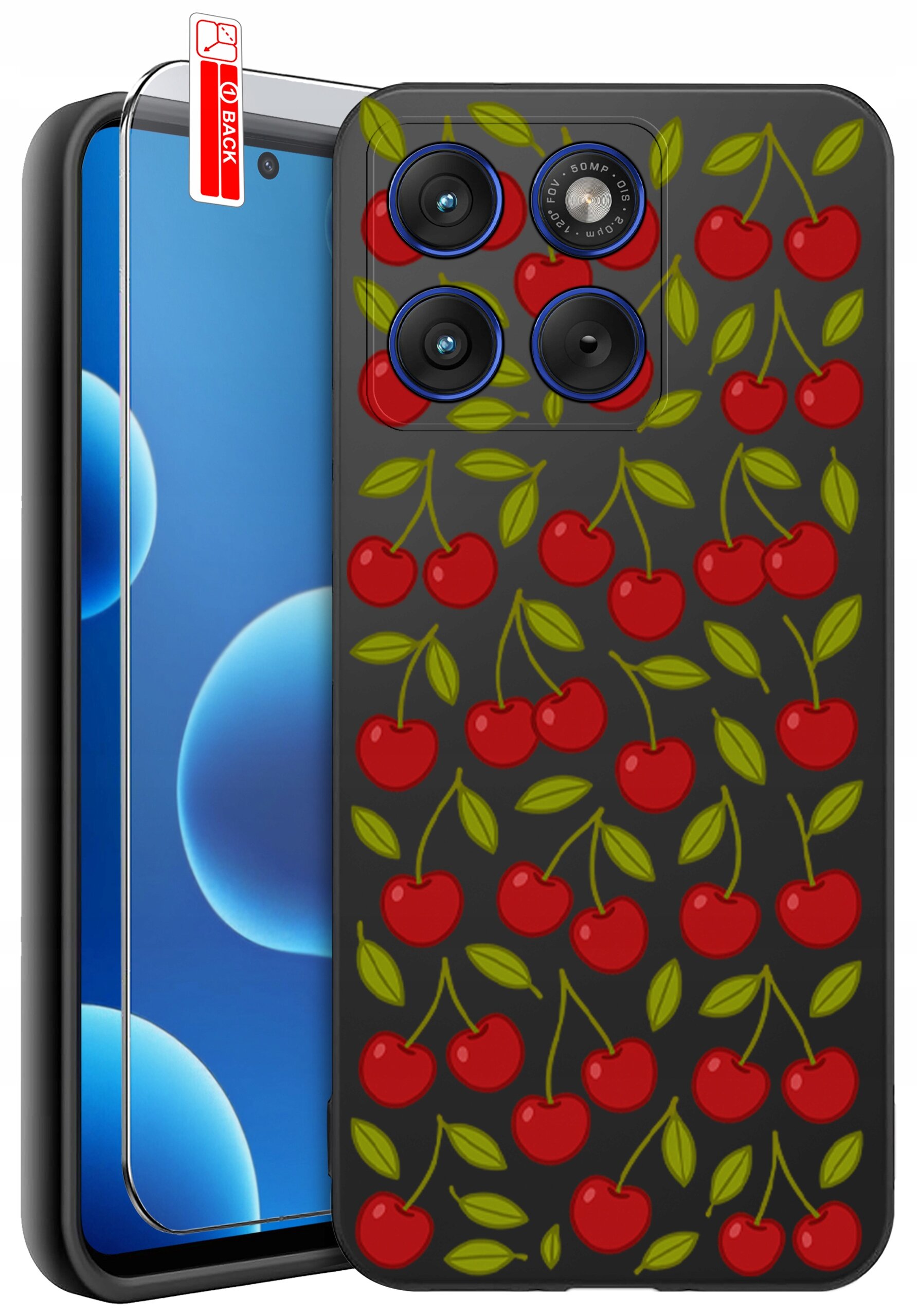 Etui na telefon z wzorem czerwonych wiśni i zielonych liści na ciemnym tle. Obok znajduje się szkło ochronne z napisem \'BACK\'.