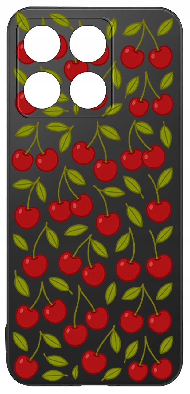 Etui na telefon z wzorem czerwonych wiśni i zielonych liści na czarnym tle, z wycięciami na cztery obiektywy aparatu.