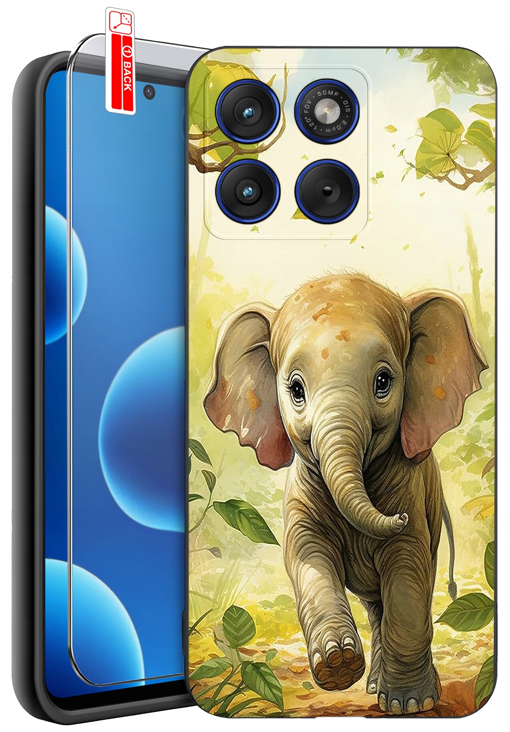 Etui na telefon z nadrukiem słonia na tle liści, obok widoczna jest szybka ochronna z napisem \'BACK\'.