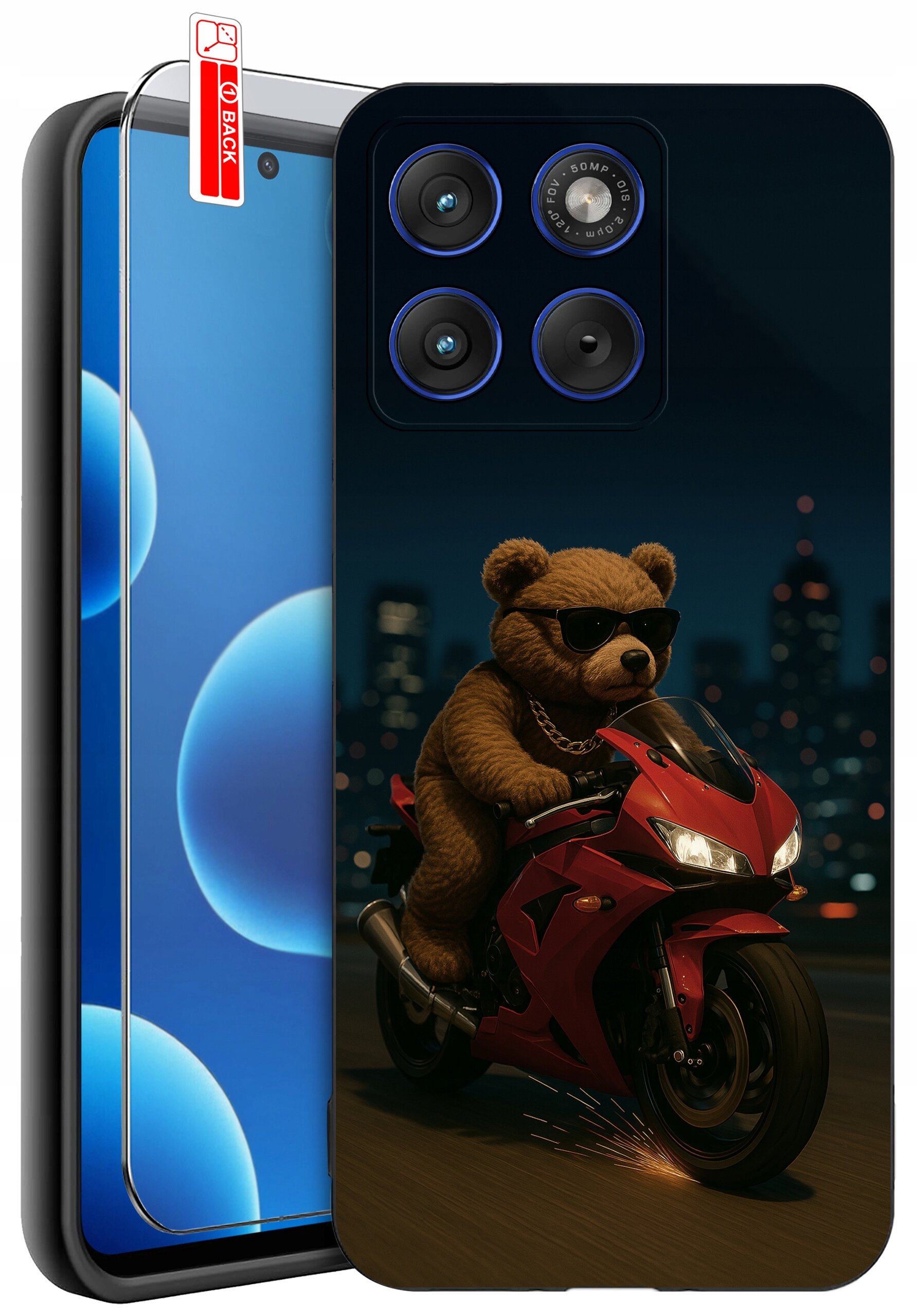 Etui na telefon z nadrukiem misia w okularach przeciwsłonecznych, jadącego na czerwonym motocyklu na tle nocnego miasta. Obok widoczne jest szkło ochronne z napisem \'BACK\'.