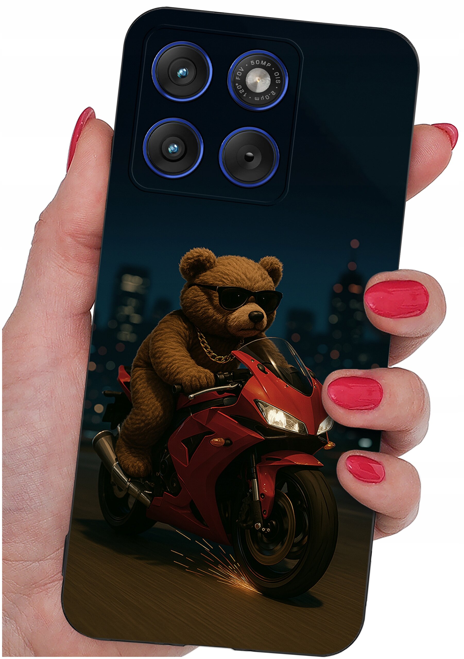 Etui na telefon z nadrukiem misia w okularach przeciwsłonecznych, jadącego na czerwonym motocyklu. W tle widoczne są rozmyte światła miasta nocą.