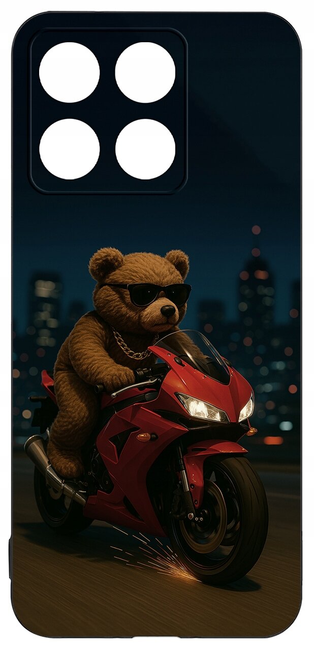 Etui z nadrukiem misia w okularach przeciwsłonecznych jadącego na czerwonym motocyklu, na tle nocnego miasta. W górnej części etui znajduje się wycięcie na aparat z czterema okrągłymi otworami.