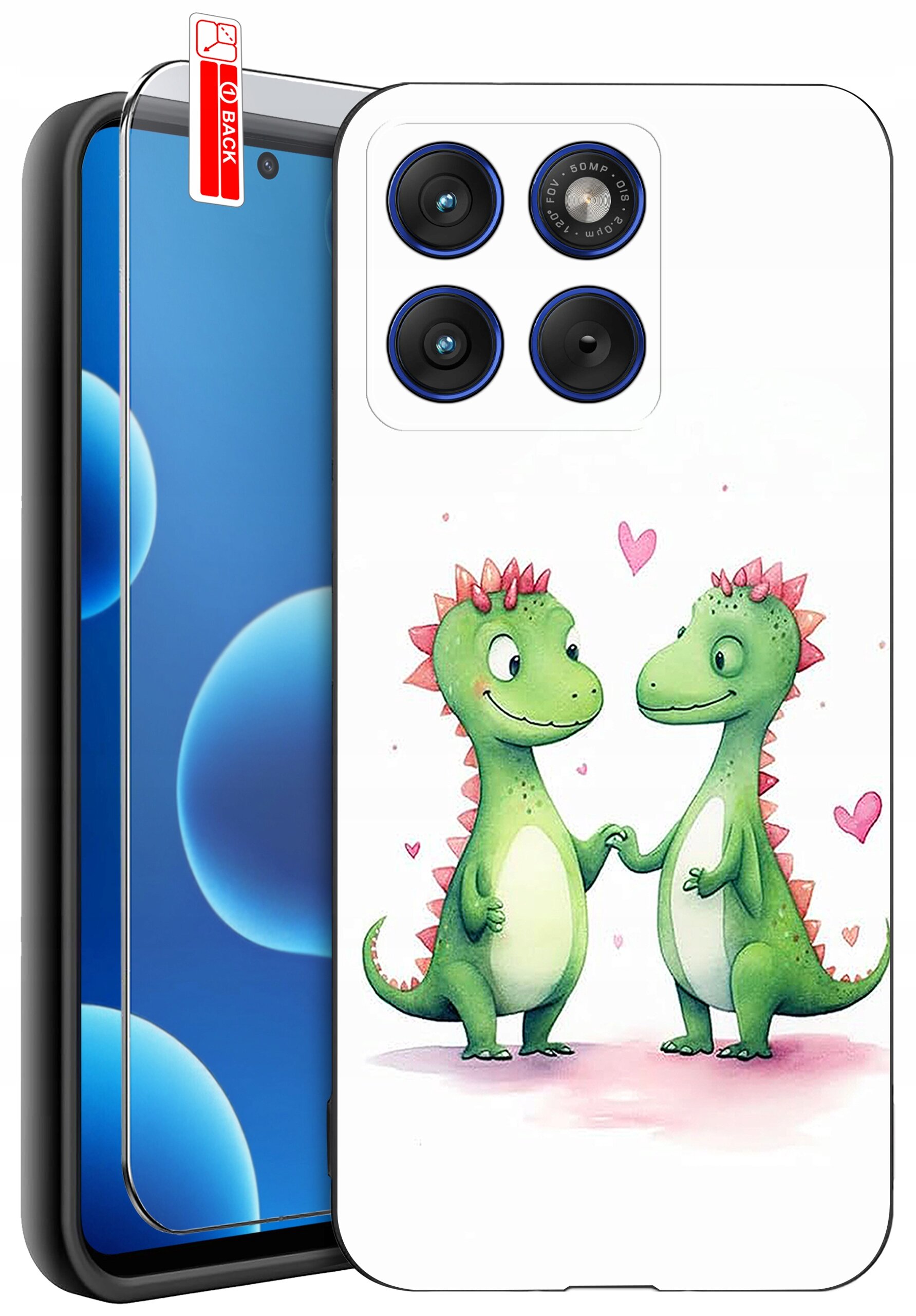 Etui na telefon z grafiką dwóch zielonych dinozaurów trzymających się za ręce, otoczonych różowymi serduszkami. Obok etui znajduje się szkło ochronne z napisem \'BACK\'.