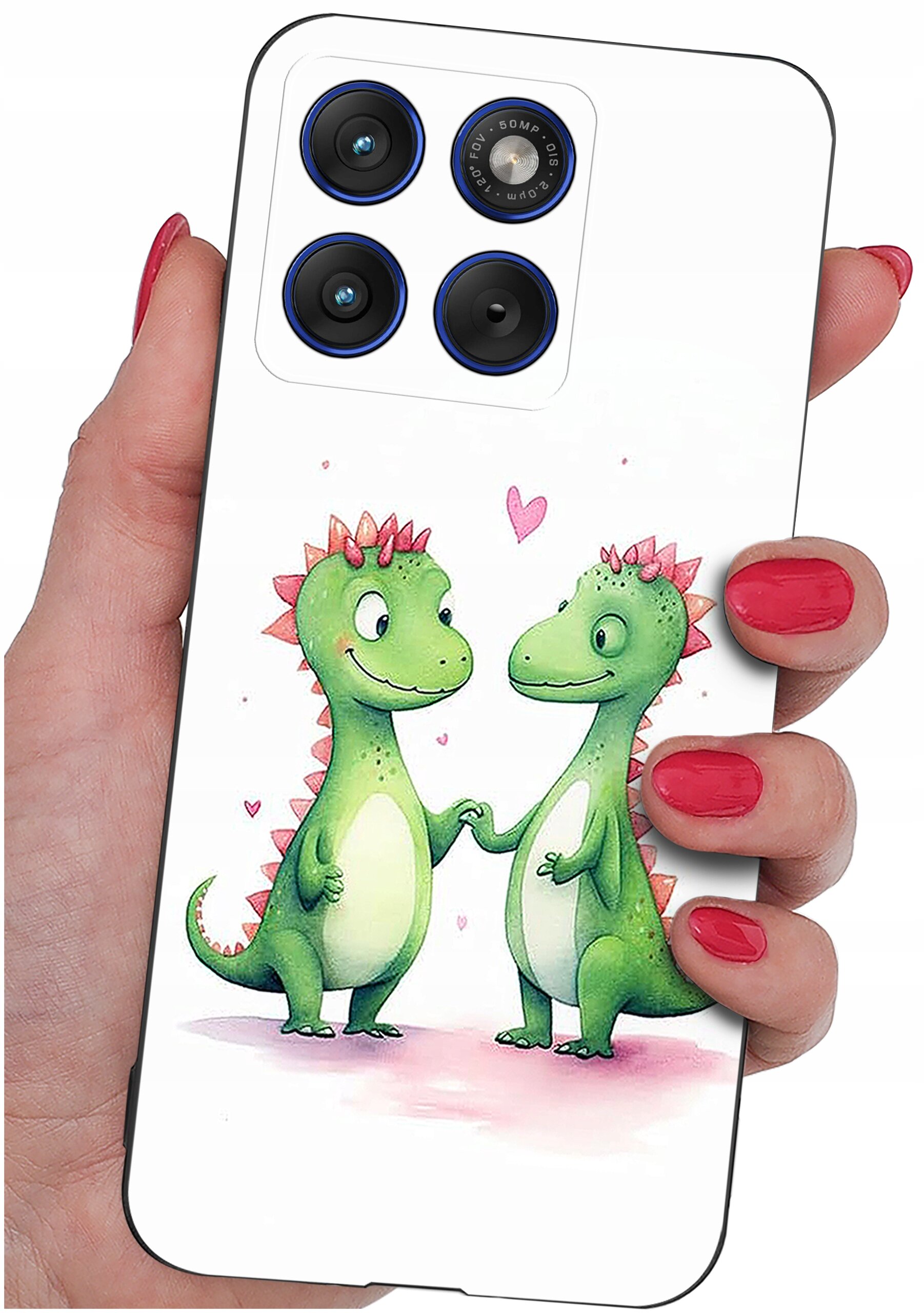 Etui na telefon z grafiką dwóch zielonych dinozaurów trzymających się za ręce, otoczonych małymi różowymi serduszkami. Etui jest trzymane w dłoni z pomalowanymi na czerwono paznokciami.