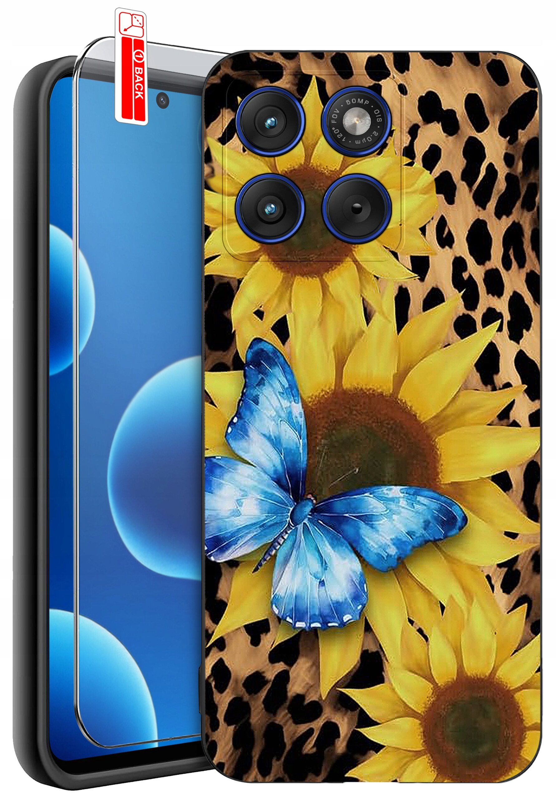 Etui na telefon z motywem słoneczników i niebieskiego motyla na tle w cętki. Obok widoczne jest szkło ochronne z napisem \'BACK\'.