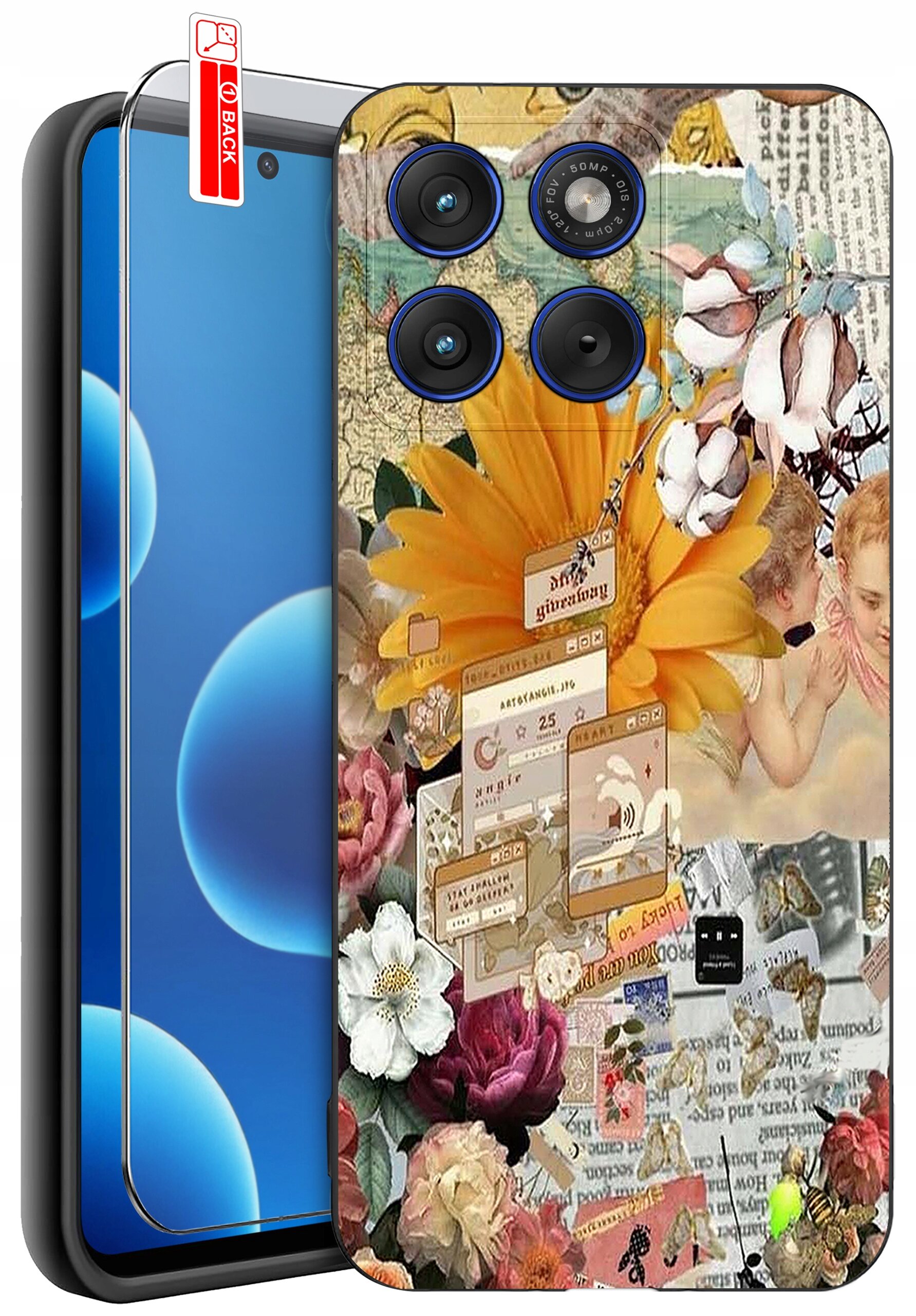 Etui na telefon z kolorowym, kwiatowym wzorem oraz elementami graficznymi, takimi jak okna przeglądarki i tekstury. Obok etui znajduje się telefon z wyświetlaczem pokazującym niebieskie okręgi na czarnym tle.