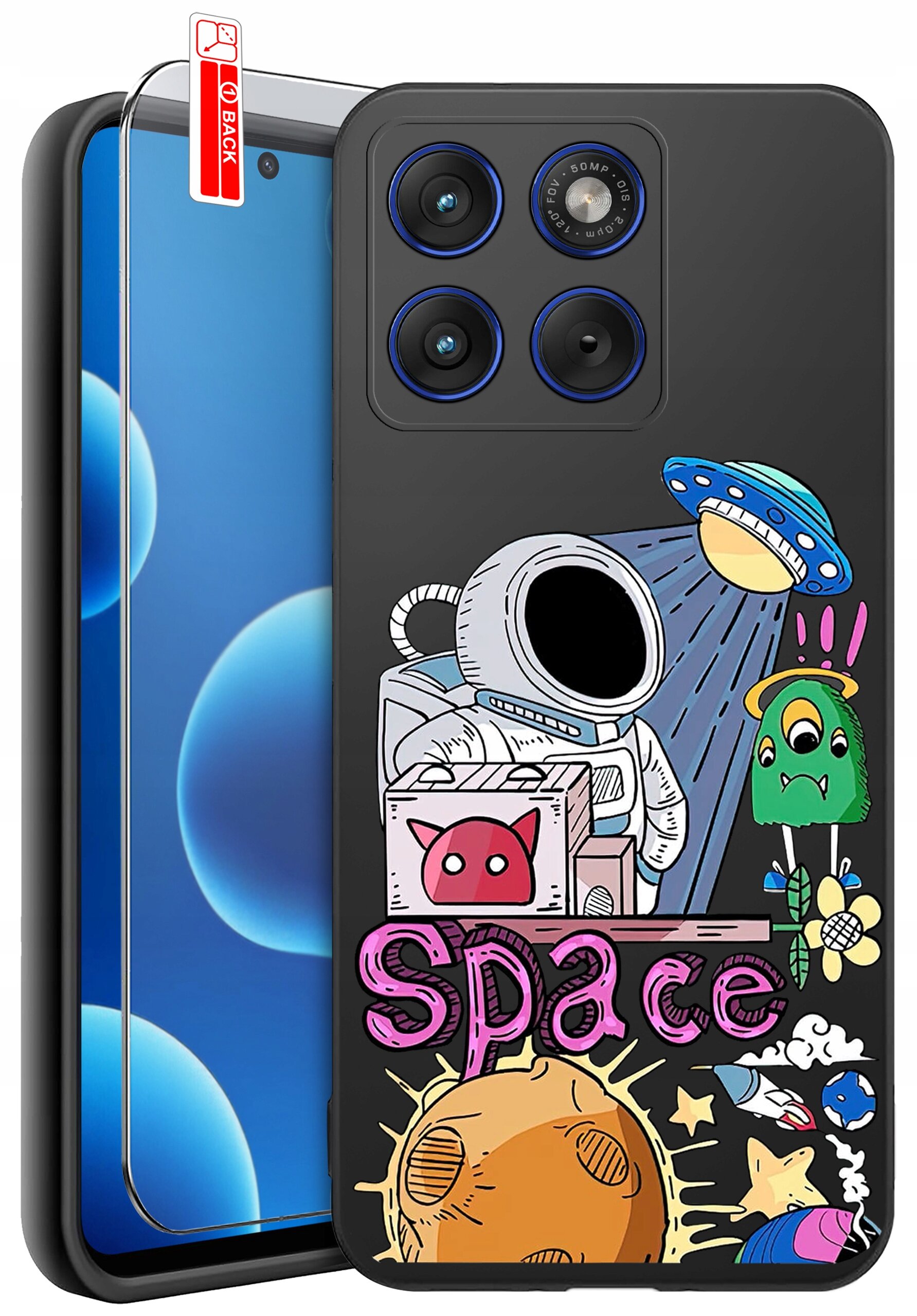 Etui na telefon z kolorowym nadrukiem przedstawiającym astronautę, UFO i napisem \'Space\'. Obok etui znajduje się szkło ochronne z oznaczeniem \'BACK\'.